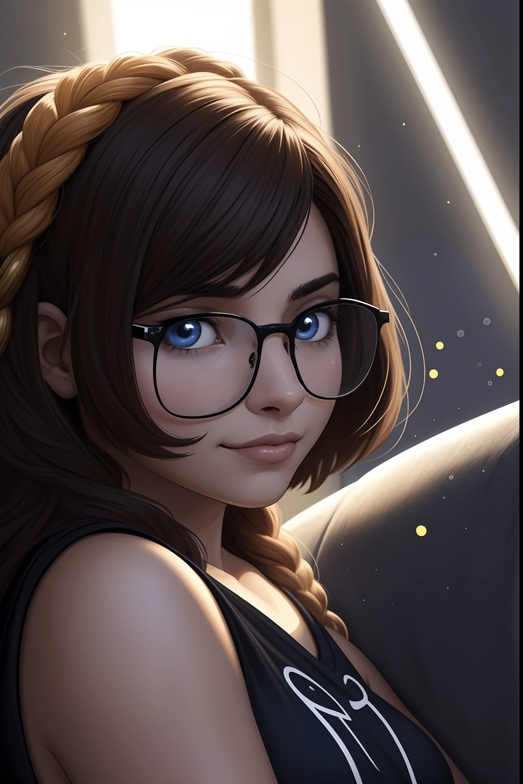 Woman with glasses sitting on a couch with a furry , aluna hiperrealista, com rabo-de-porco preto, character is in her natural pose, imagem ultra realista, Commission for High Res, nerdy black girl super hero, With eye Glasses, uma aluna hiperrealista, thick glasses, estilo de arte fotorrealista, photorealistic illustration, estilo de arte realista, Realistic student cosmic fallen angel, olhos claros brilhantes, Biomechanicals, estranho, assustador, Pesadelo, cores muito brilhantes, light particles, com luz brilhante, Mshiff, Arte do papel de parede, Papel de parede UHD, Anakil Skywalker, 15 anos, roupas medievais