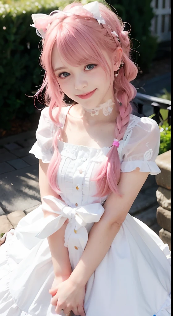 (Super detailed), Cute white princess dress,(frilly dress),(short sleeves),blue eyes,upper part of body、close up、face、(a smile:1.5),(facing forward:1.2), 20 years old, teenage girl,no tail,(no tail),two-dimensional, Masterpiece, top quality, and soul, delicate eyes, a delicate face, girl with, Only 1 person,pink hair中等头发, (pink hair), ear hair, small , Single braid, (Single braid), (side braid), pink ribbons, ribbon around neck, (white sleeves), background bokeh