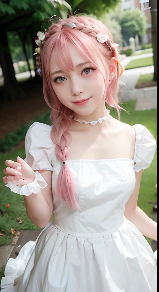 (ultra-detailliert), Cute princess dresses in white color,(frilly dress),(shortsleeves),Blue eyes,The upper part of the body、a closeup、faces、(A smile:1.5),(facing front:1.2), 20yr old, teens girl,no tail,(no tail),2D, ​masterpiece, top-quality, animesque, A detailed eye, A detailed face, girl with, Only 1 person,Pink Hair Medium Hair, (Pink hair),  Ear Hair, small tits, Single braid, (Single braid), (Side braid), Pink ribbon, Ribbon around the neck, (White sleeves), Background bokeh