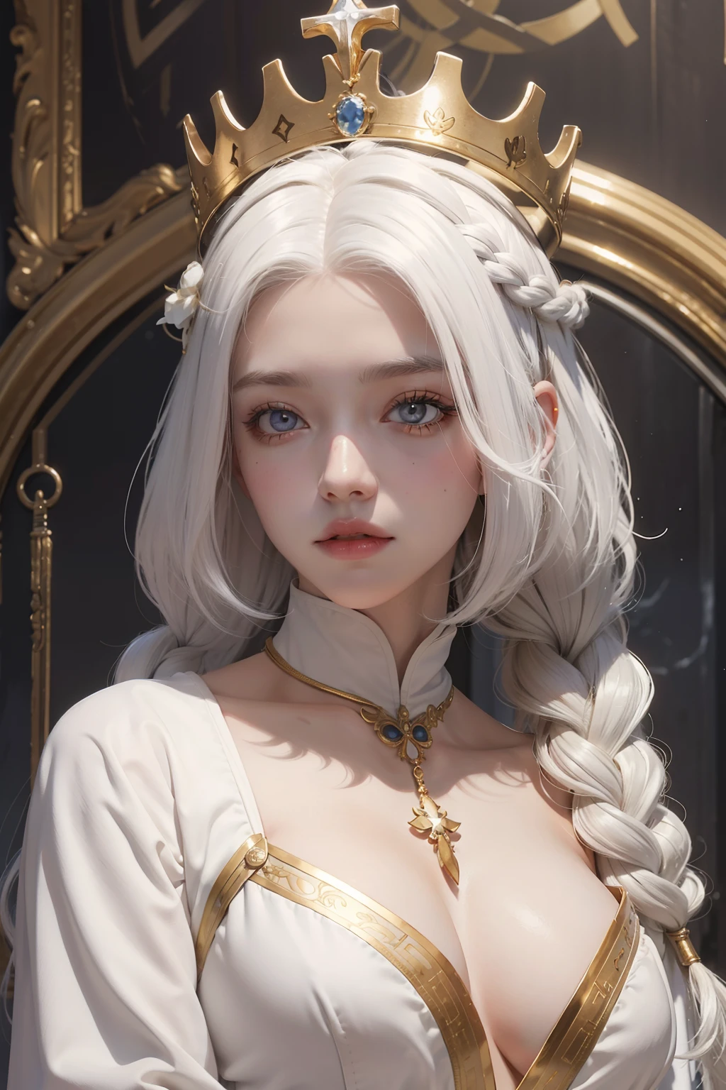 top-quality、masterpiece、white hair、Gold Eye、white clothes、look up to、The upper part of the body、Hair strands、light skinned、Side braid、are visible、Beautiful areola、Beautiful nipples、Small、Crown of the Pope