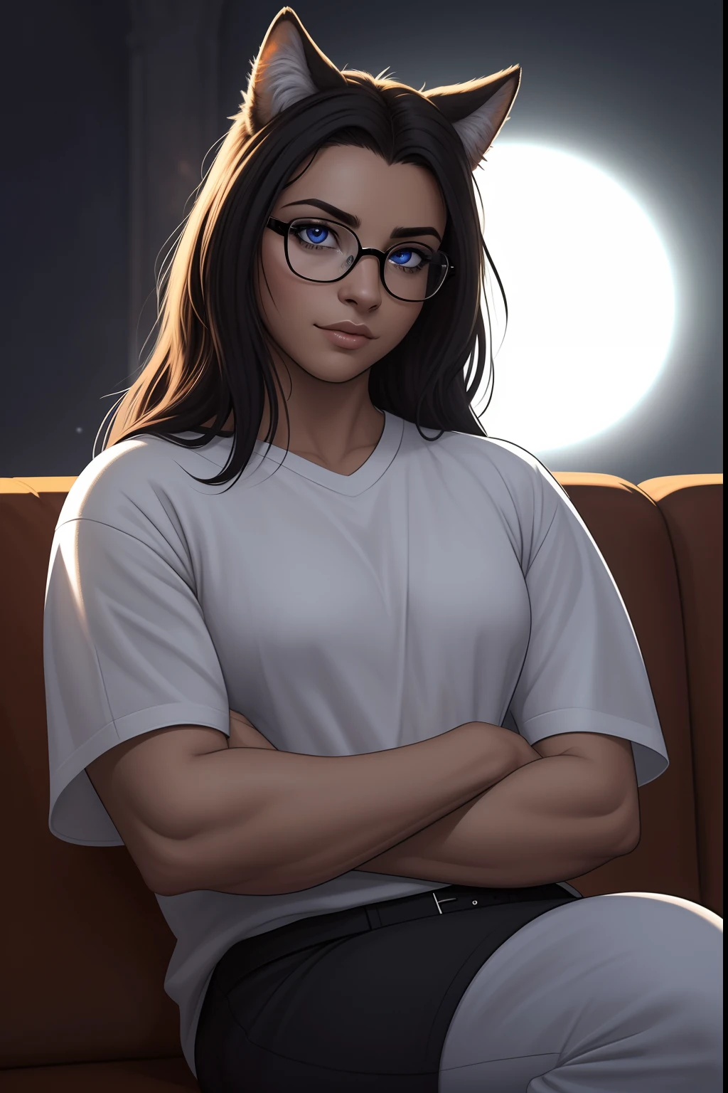 Woman with glasses sitting on a couch with a furry , aluna hiperrealista, com rabo-de-porco preto, character is in her natural pose, imagem ultra realista, Commission for High Res, nerdy black girl super hero, With eye Glasses, uma aluna hiperrealista, thick glasses, estilo de arte fotorrealista, photorealistic illustration, estilo de arte realista, Realistic student cosmic fallen angel, olhos claros brilhantes, Biomechanicals, estranho, assustador, Pesadelo, cores muito brilhantes, light particles, com luz brilhante, Mshiff, Arte do papel de parede, Papel de parede UHD, Anakil Skywalker, 15 anos, roupas medievais