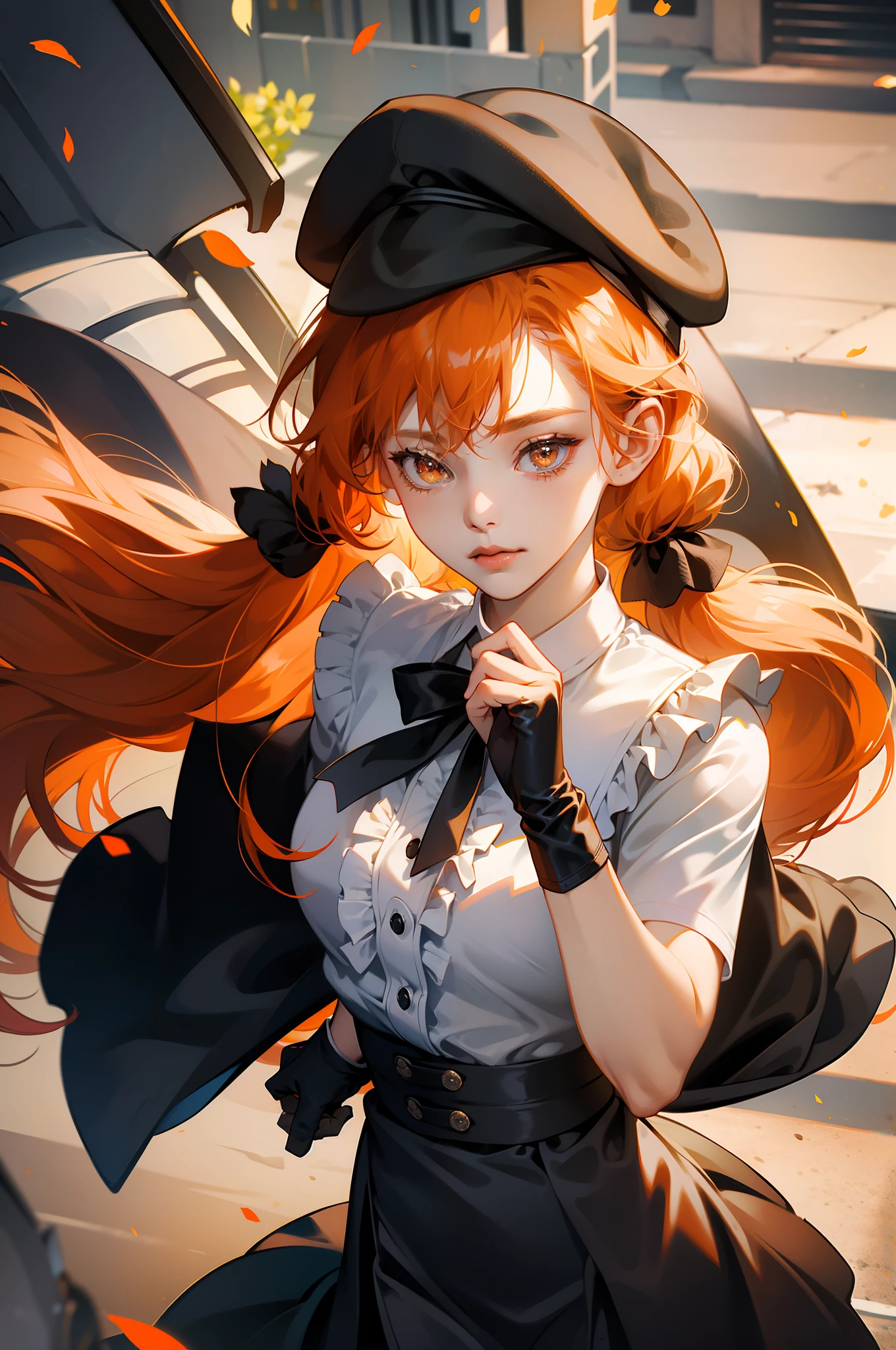 cowboy shot, 1girl, solo, orange hair, beret, white background, orange eyes, black gloves, shirt, looking at viewer, frills, white shirt, low twintails, black jacket, neck ribbon, hair flower, closed mouth, long hair, black skirt, bokeh, city, outdoors, from above