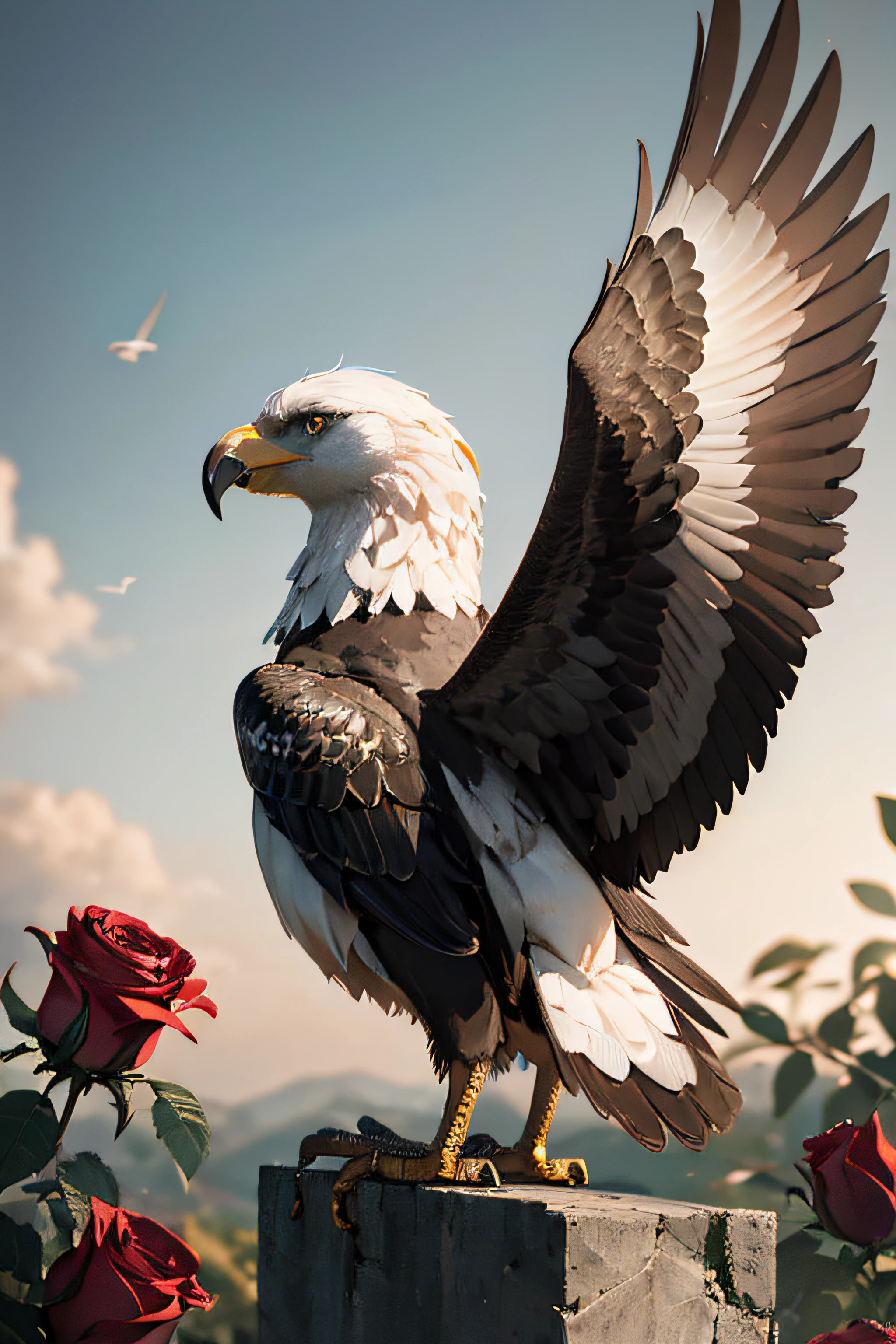 There is a bird that is sitting on a pole with roses, detailed cinematic render, cinematic 3d render, com asas. ultra-detalhado, cinematic highly detailed, WLOP : : 6 octane render : : 3, ultra realistic 3d illustration, estilo fantasia 8 k octane render, highly detailed cinematic, hyper realistic detailed rendering, super detailed rendering, highly detailed render