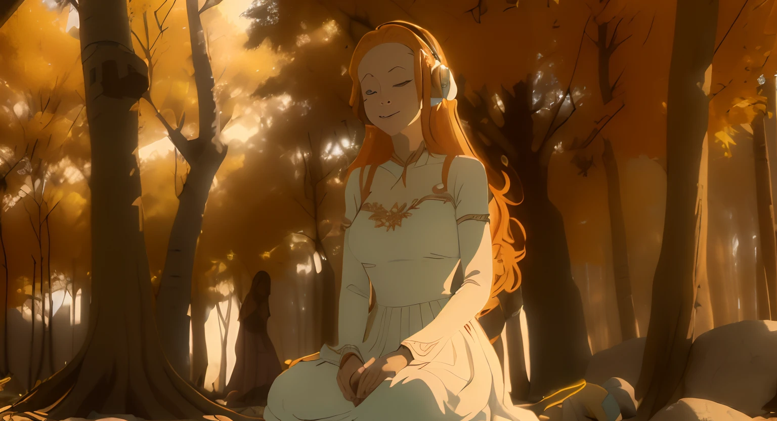 1 girl, (((seios muito pequenos))), (((headphone branco))), (with bohemian dress without necklines), (cabelo ginger), uma mulher linda com sutil sorriso, pele brilhante detalhada, meditation sitting on the floor in lotus posture, em um claro, Sunny park with autumn trees with leaves in shades of orange and red