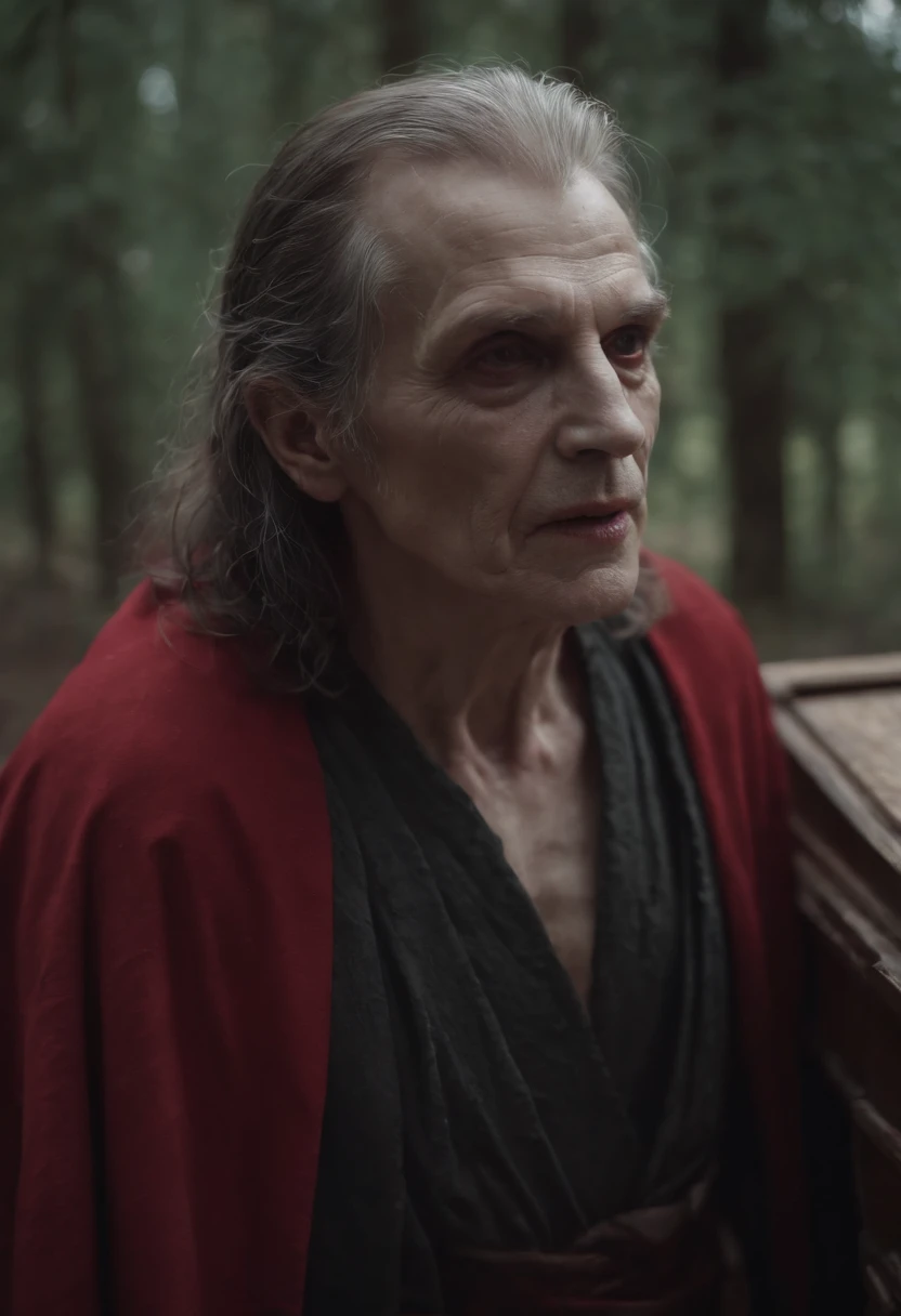 An old, decrepit vampire, dead with a stake in the heart lying in a coffin, com robes vermelhos e cabelos longos e brancos