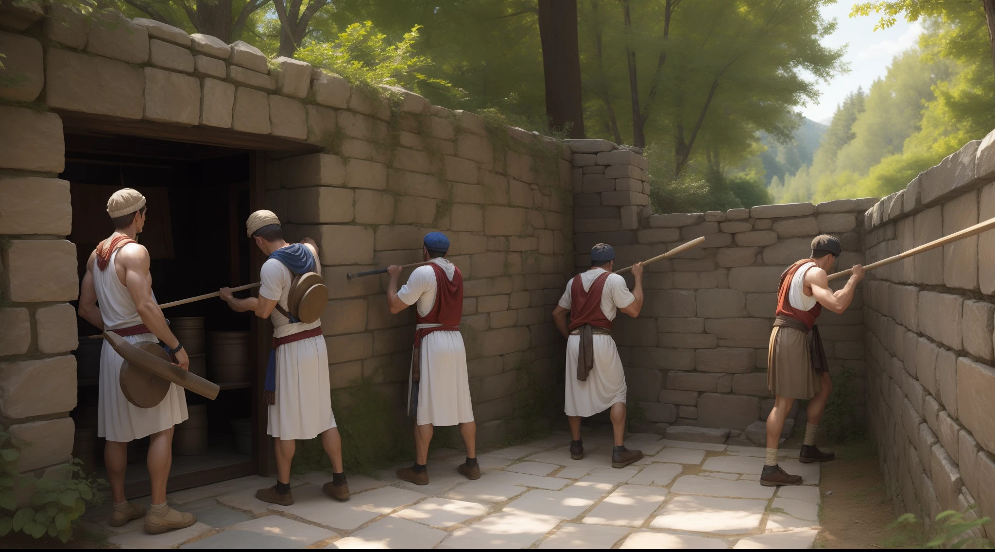 men in toga hammering  a stone wall