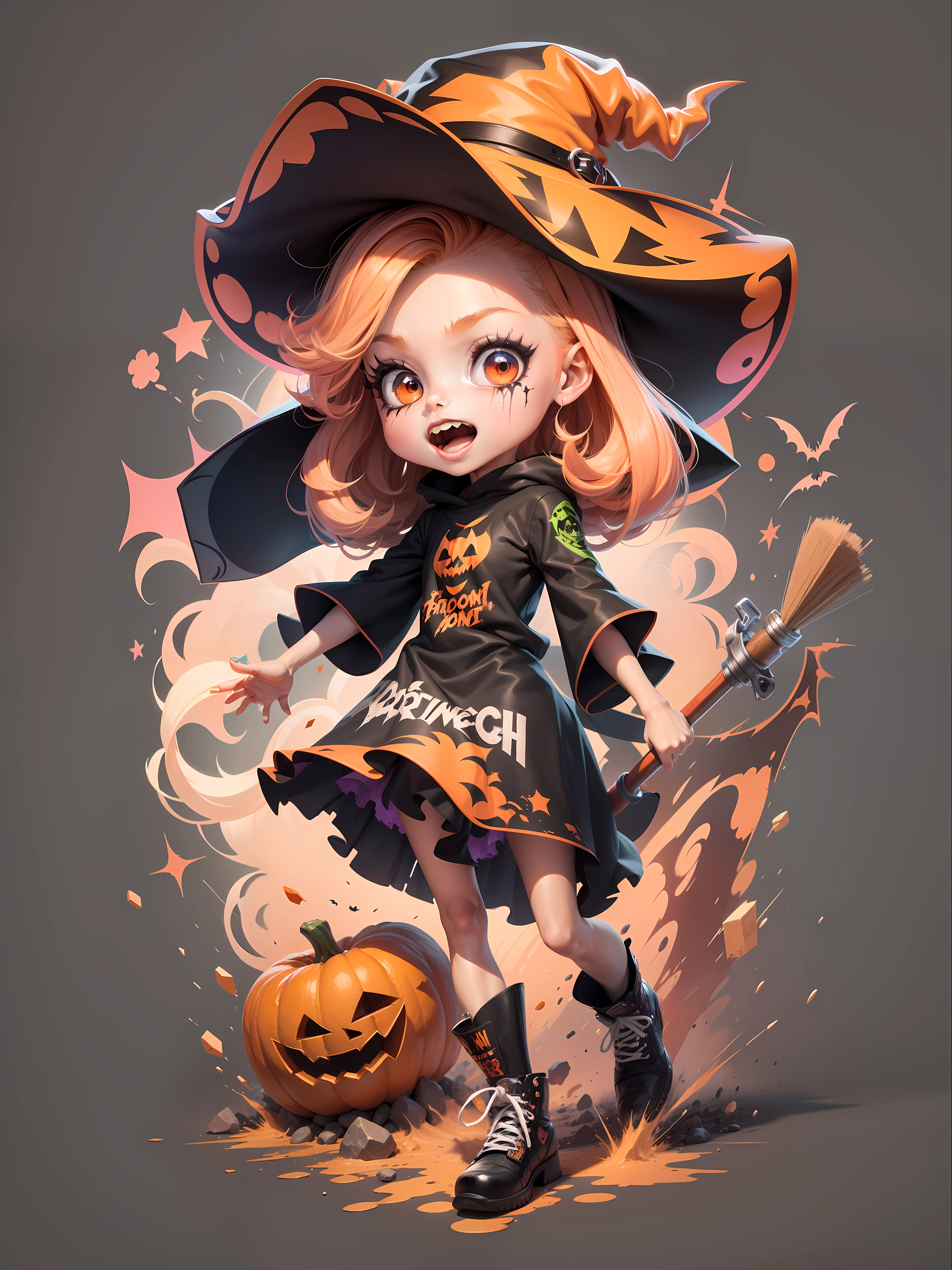 Vector t-shirt, Print-ready colorful graffiti, Illustration of a cute witch, Halloween, action shot, Halloween, high detail, whitebackground