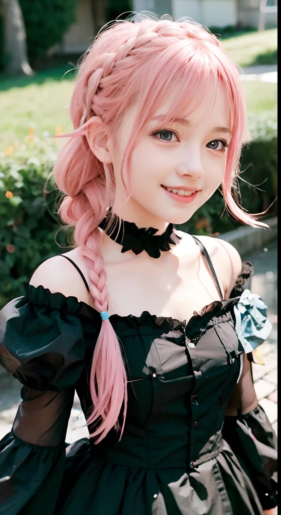 (ultra-detailliert), Cute princess dresses in black color,(frilly dress),(shortsleeves),Blue eyes,The upper part of the body、a closeup、faces、(A smile:1.5),(facing front:1.2), 20yr old, teens girl,no tail,(no tail),2D, masterpiece, top-quality, animesque, A detailed eye, A detailed face, girl with, Only 1 person,Pink Hair Medium Hair, (Pink hair), Ear Hair, small tits, Single braid, (Single braid), (Side braid), Pink ribbon, Ribbon around the neck, (White sleeves), Background bokeh