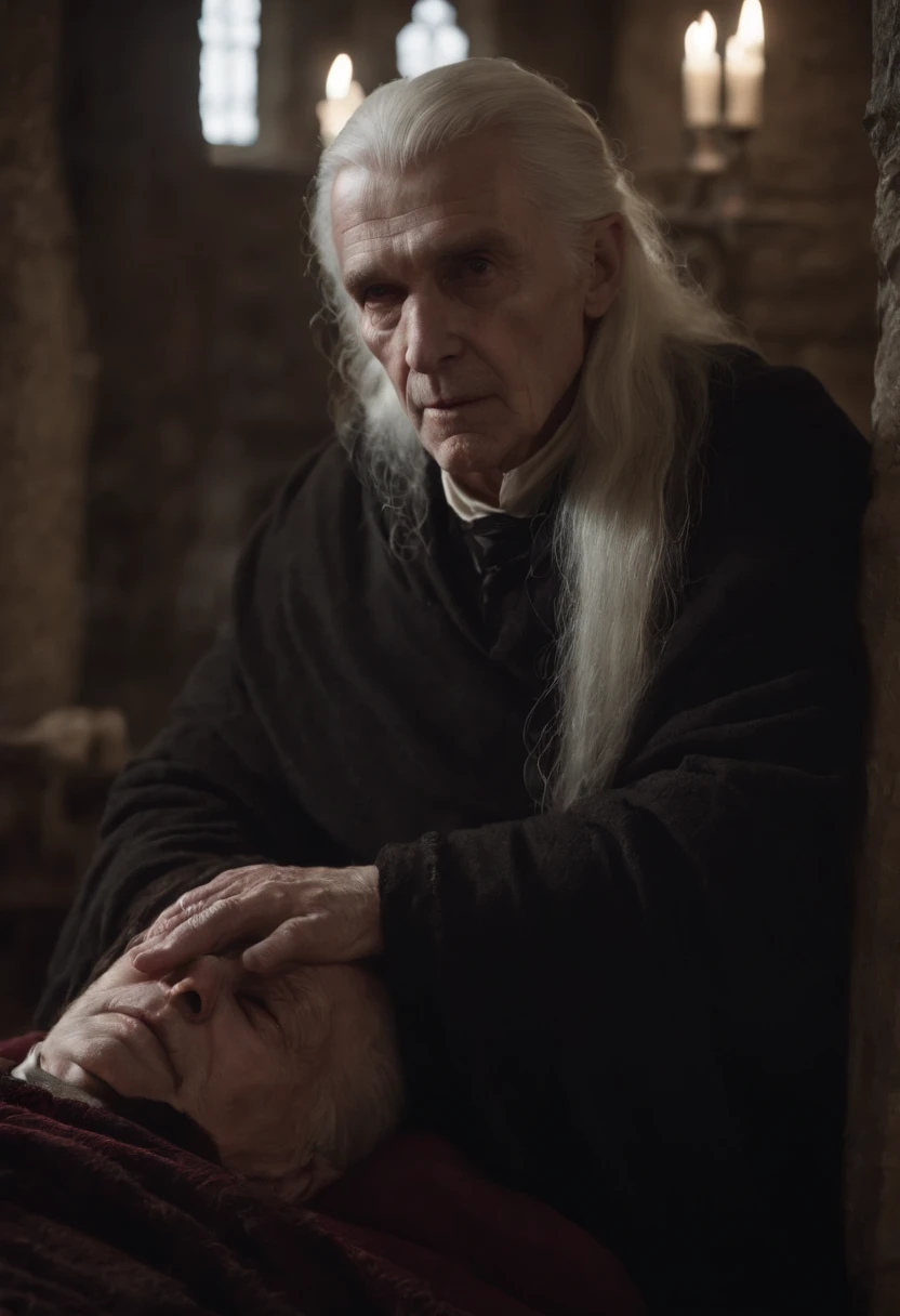 A hyper-realistic depiction of an elderly and decrepit vampire, with a stake driven into his heart, Lying in a coffin. Ele veste robes vermelhos desgastados, and his long, white hair spreads out the inside of the coffin. The dim light of a nearby candle illuminates the gruesome details of the scenery, highlighting the wrinkles on his pale face and empty eyes. The atmosphere is bleak and sinister, com destaque para o contraste entre a vida e a morte. A imagem deve ser capturada em 4K, com uma lente Leica 50mm, abertura f/1.4, e ISO 800, to emphasize the details of the setting and the character. --v 5 --q 2 --ar 16:9.