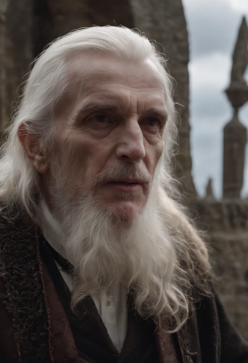A hyper-realistic depiction of an elderly and decrepit vampire, with a stake driven into his heart, Lying in a coffin. Ele veste robes vermelhos desgastados, and his long, white hair spreads out the inside of the coffin. The dim light of a nearby candle illuminates the gruesome details of the scenery, highlighting the wrinkles on his pale face and empty eyes. The atmosphere is bleak and sinister, com destaque para o contraste entre a vida e a morte. A imagem deve ser capturada em 4K, com uma lente Leica 50mm, abertura f/1.4, e ISO 800, to emphasize the details of the setting and the character. --v 5 --q 2 --ar 16:9.