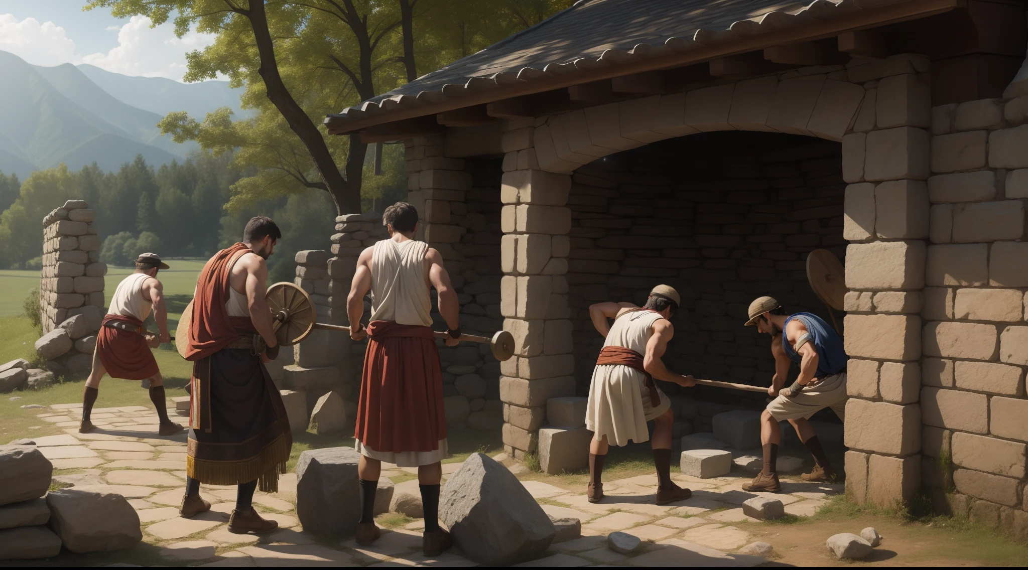 men in toga hammering a stone wall