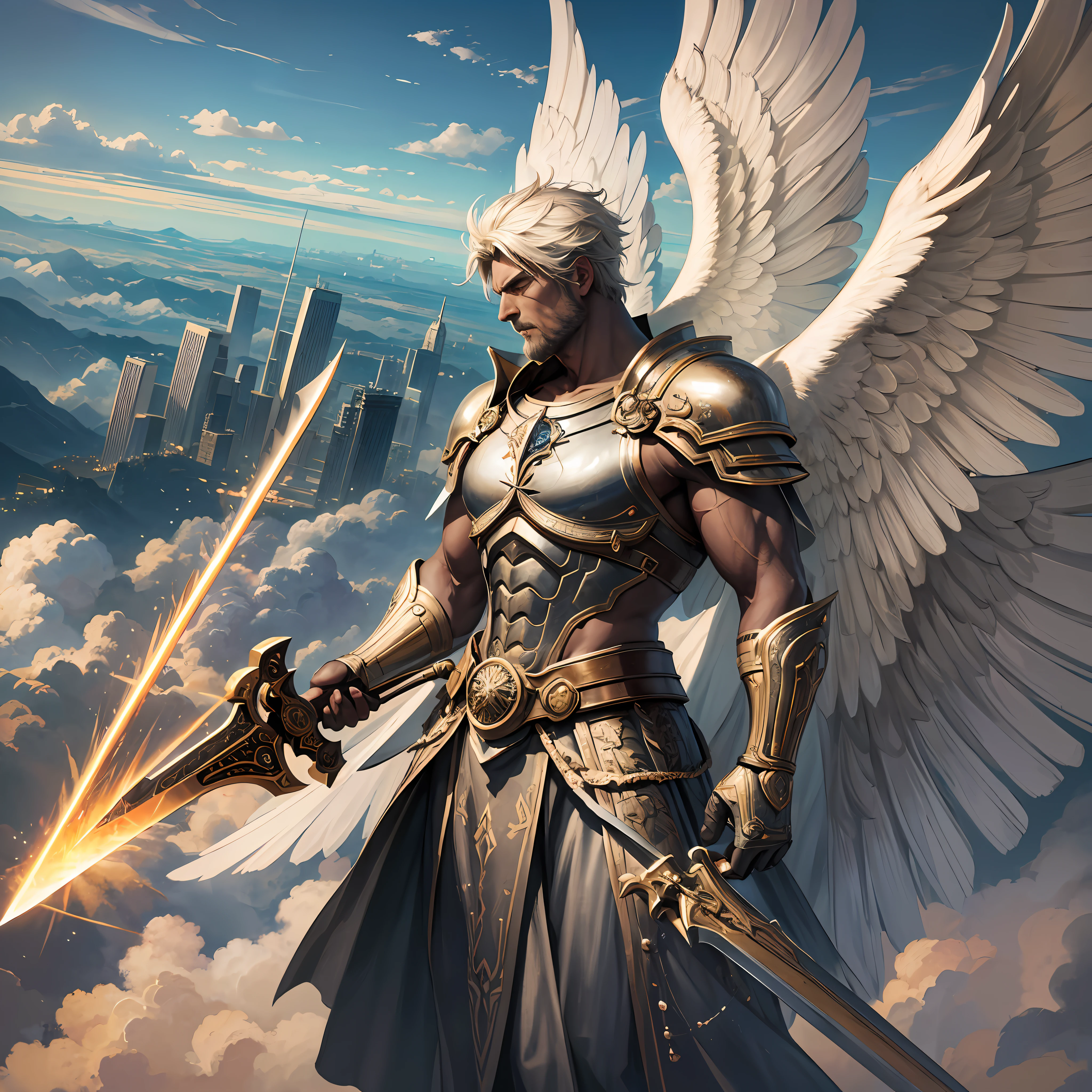 man Archangel Michael with his wings outstretched, holding a sword of light and a shield. In the background, there is a starry sky and a bright sunbeam. mystic style --auto