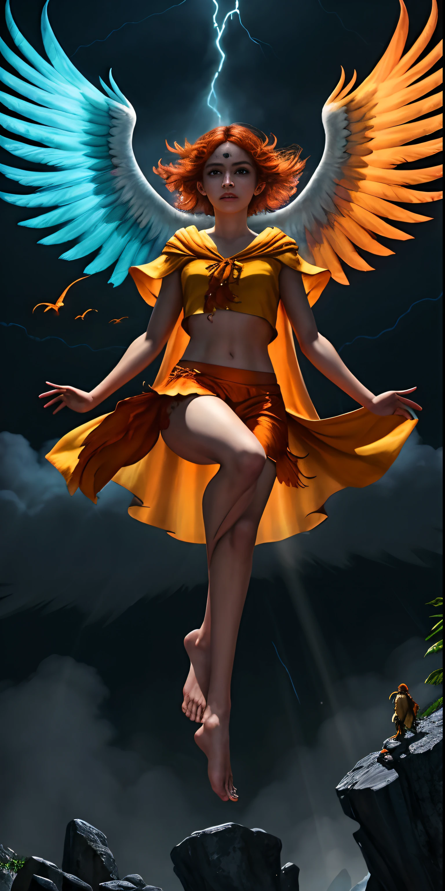 Jesus, tiro de corpo inteiro, olhos firmes, olhando para frente, lightning in the sky, arms extended, olhando para frente, parado no topo de uma montanha, manto e capa vermelhos, Shining cross in the airA realistic 4K phoenix with orange feathers, with a serious expression and looking forward, corpo inteiro.
  barefoot summoner levitating with , robes and arms of cloak raised on a broken earth, luz de lava brilhante de baixo do campo de asteroides (rochas irregulares, pedregulhos e detritos disparando para o ar:1.3) (tempestade de detritos de poeira ventosa:1.1) Volumetric mist mist ray tracing z pass bright light from below, (obra-prima) (melhor qualidade) (detalhado) (8k) (cinematic lighthing) (foco nítido) (intrincado)