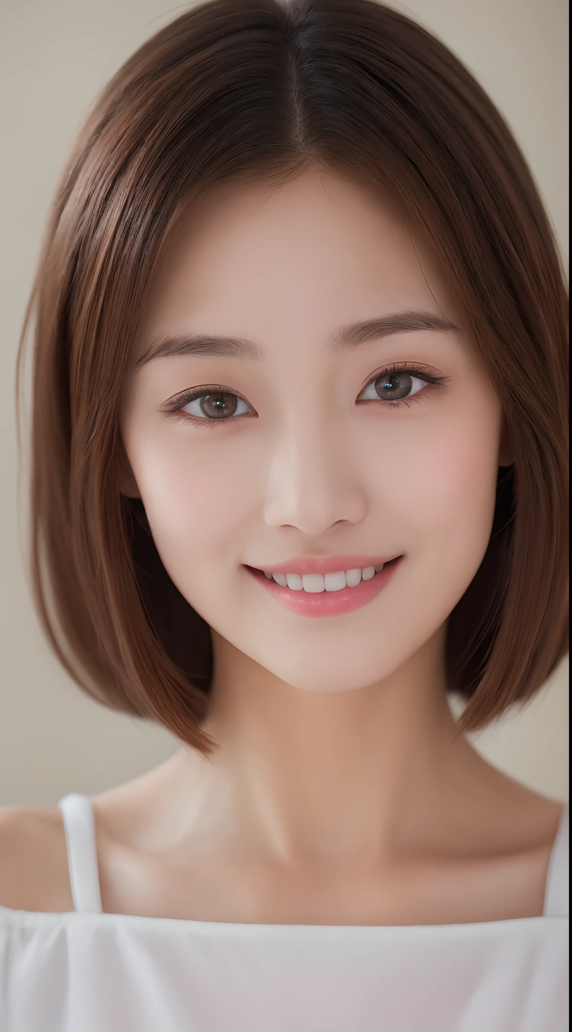 ((Best Quality, 8K, Masterpiece: 1.3)), 1 Girl, Slim Abs Beauty: 1.3, (Hairstyle Brown Hair Shortcut, Big: 1.2), Dress: 1.1, Super Slender Face, Delicate Eyes, Double Eyelids, Smile, Home, Raw Photo