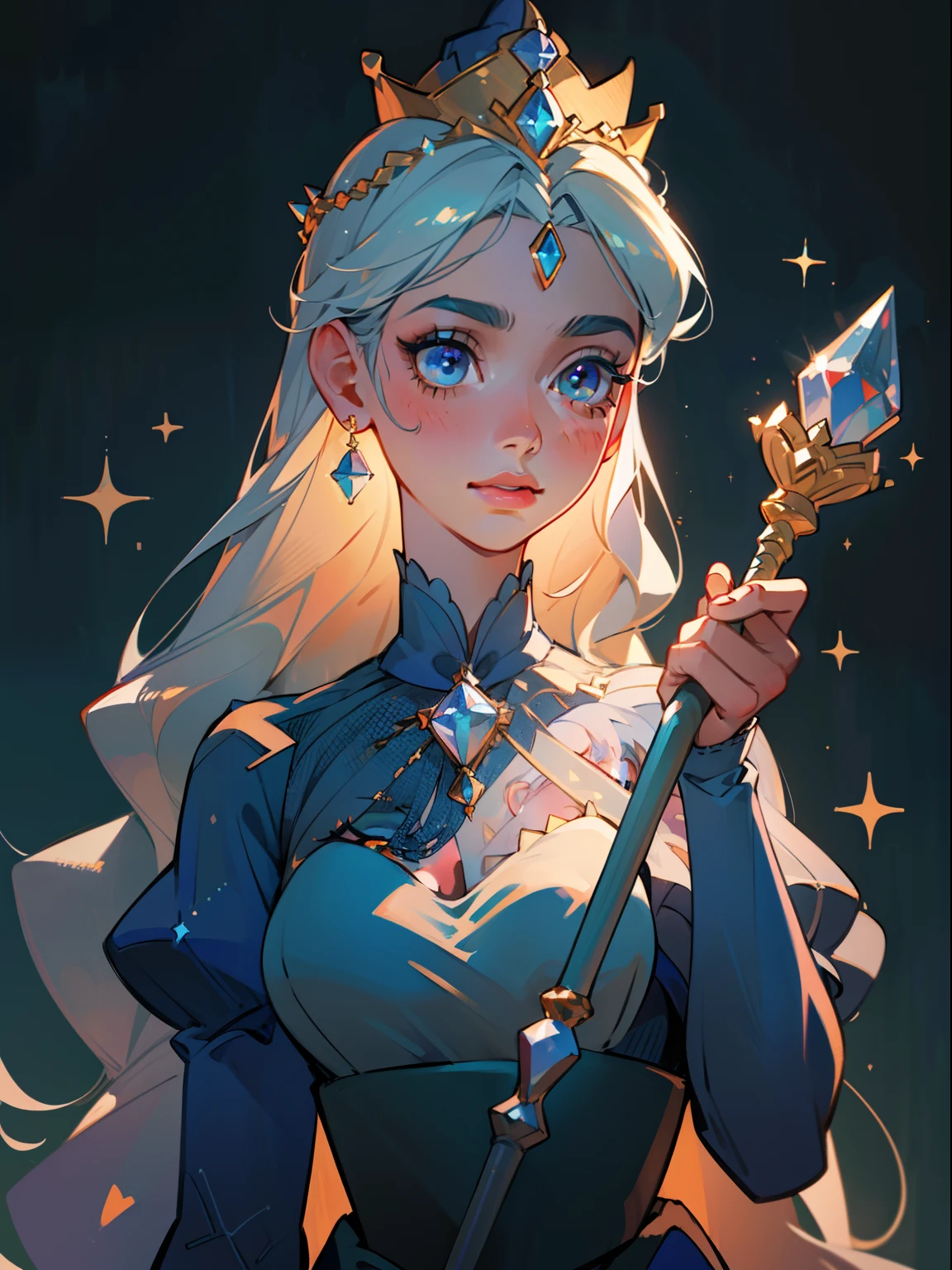 the princess of the month of december,beautiful detailed eyes,beautiful detailed lips,extremely detailed eyes and face,long eyelashes,crown on head,royal blue gown,snowflakes falling,crystal-like gown texture,golden embroidery,sparkling diamonds on gown,soft winter glow,subtle blue and silver color scheme,princess holding a scepter,delicate winter flowers in the background,(best quality,4k,8k,highres,masterpiece:1.2),ultra-detailed,realistic,portrait,colorful art style,soft lighting.