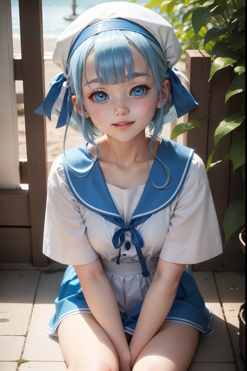 Blue sailor suit、Light blue hair medium short、White headband、Blue and light blue eyes、Laughing。 girl masturbating naked