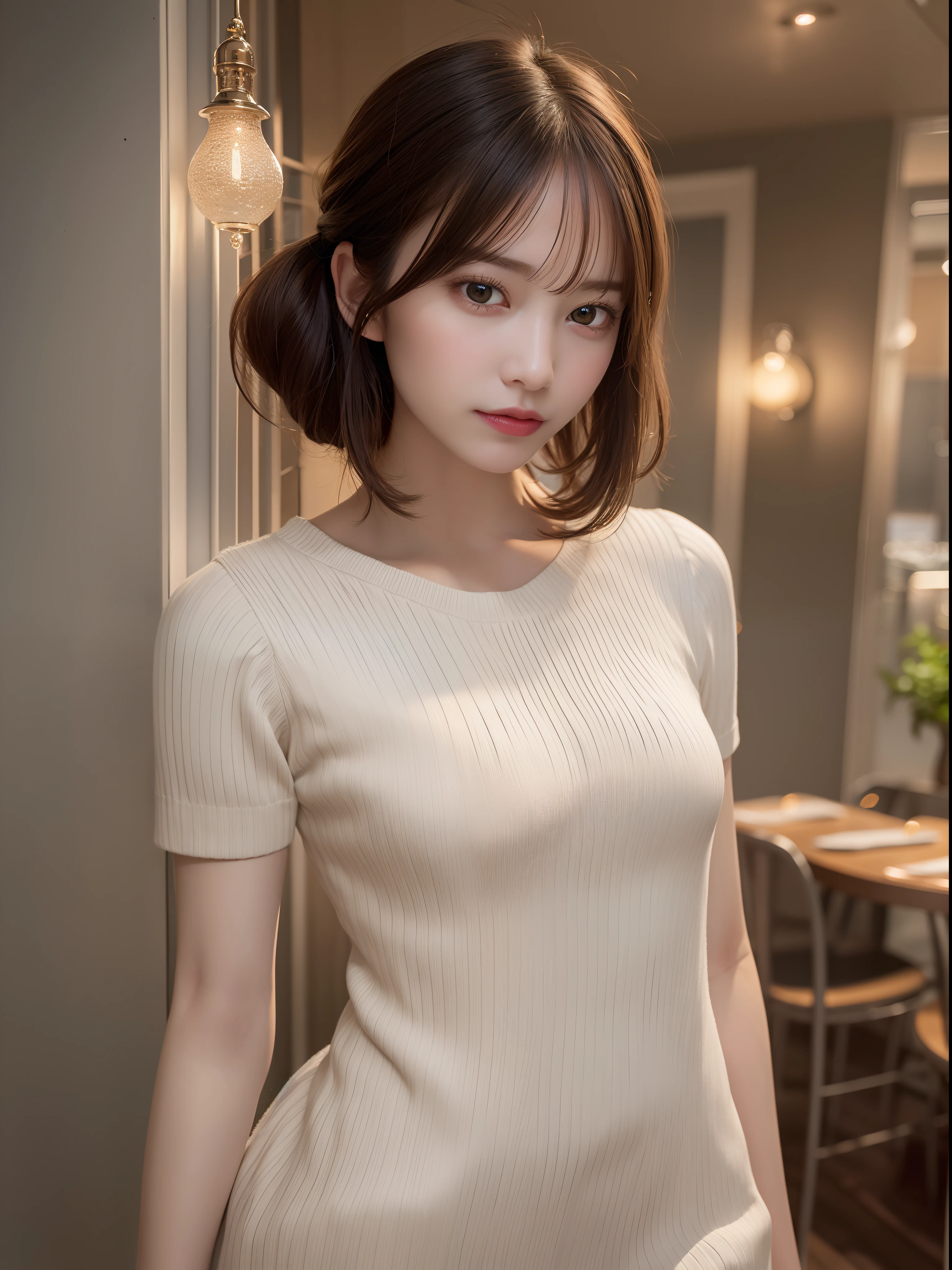 nffsw, retinas, masutepiece, ccurate, Anatomically correct, Textured skin,
Super Detail, high details, High quality, Best Quality, hight resolution, 8K,
( Photorealistic ), Symmetrical,the golden ratio、 Cinematic Light,
((One woman in white short sleeve sweater dress))、Photograph the whole body、
In a fashionable Italian restaurant、eating pasta、
((Smaller chest:1.1, Small butt:1.4)) ,
{ bob cuts | half updo },
( extra detailed face:1.2 ),Natural Color Lip、 (Beautiful detailed eyes),(Green eyes),((Undersized nose))、
{ Serious | },