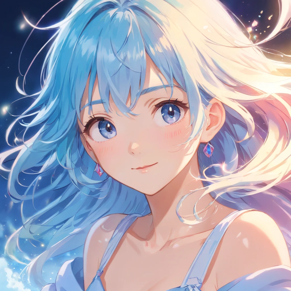 Illustration of a woman's face、High-quality, detailed splash art、Splashes are flying、Gentle smile、Hair is light blue、The hair in the area exposed to the light is pink、Hair in the wind、Contre-Jour、Woman and background in pastel colors with vivid pale tones、Luminous pendant、(​masterpiece, ultra-detailliert, top-quality, hight resolution, extremely delicate and beautiful:1.3), dynamic ungle, (详细的脸),, RAW Photography, HDR,  (hyper realisitic, realisitic, extremely delicate and beautiful:1.3), (lifelike face, Realistic hair:1.2), Digital SLR,