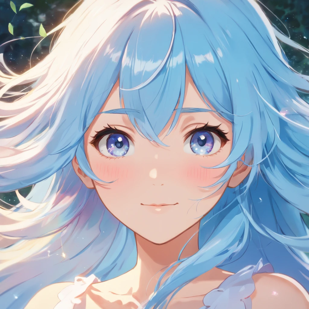 Illustration of a woman's face、High-quality, detailed splash art、Splashes are flying、Gentle smile、Hair is light blue、The hair in the area exposed to the light is pink、Hair in the wind、Contre-Jour、Woman and background in pastel colors with vivid pale tones、Luminous pendant、(​masterpiece, ultra-detailliert, top-quality, hight resolution, extremely delicate and beautiful:1.3), dynamic ungle, (详细的脸),, RAW Photography, HDR,  (hyper realisitic, realisitic, extremely delicate and beautiful:1.3), (lifelike face, Realistic hair:1.2), Digital SLR,