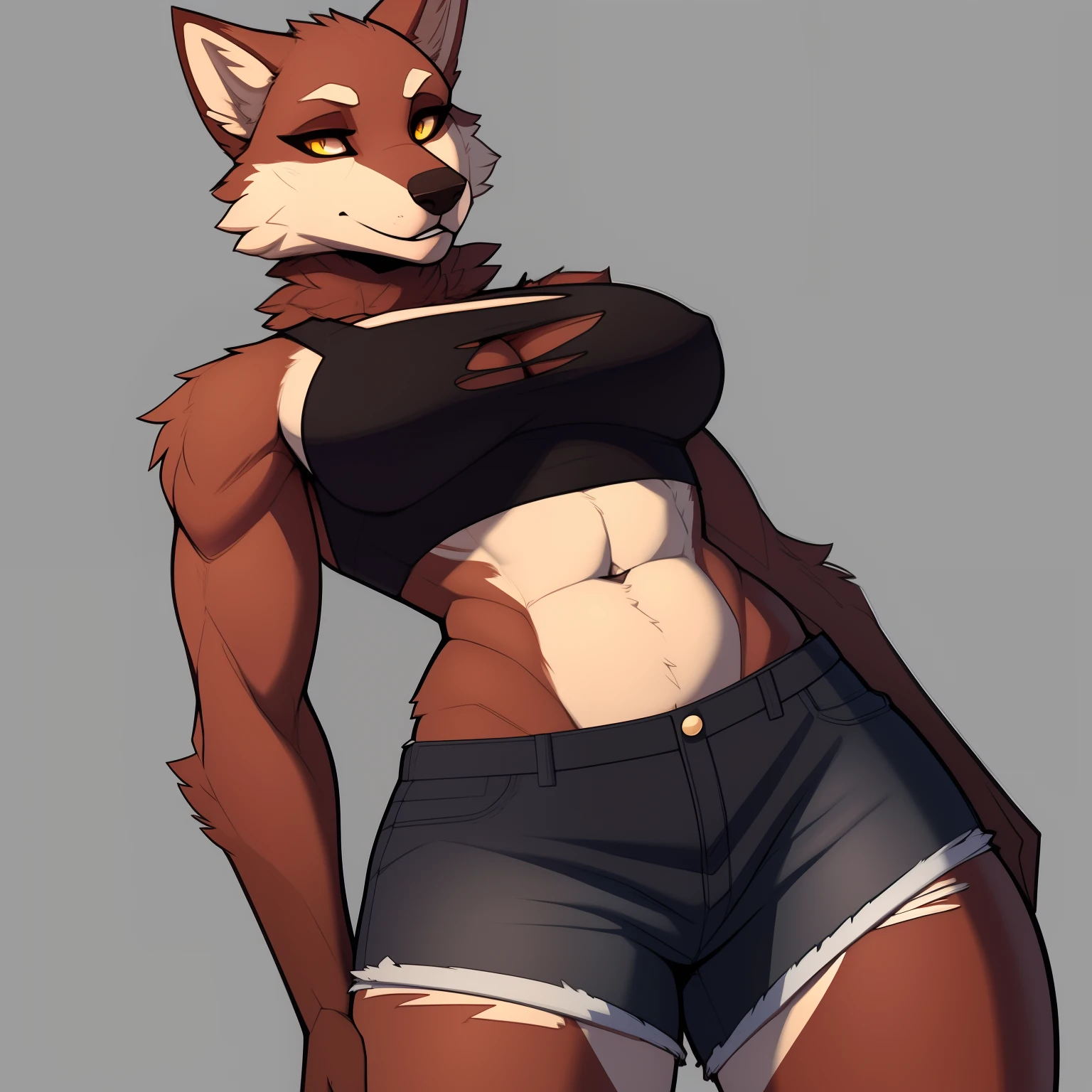 Broad_muscular_timberwolf slight_belly female dark_red_brown_furry_body yellow_eyes thick_fur very_fluffy ripped_crop_top ripped_jean_shorts solo Masterpiece best_quality absurdres highly_detailed cleanly_drawn_eyes anthro_only by_claweddrip, by_greasymojo, by_underscore-b, by_runawaystride