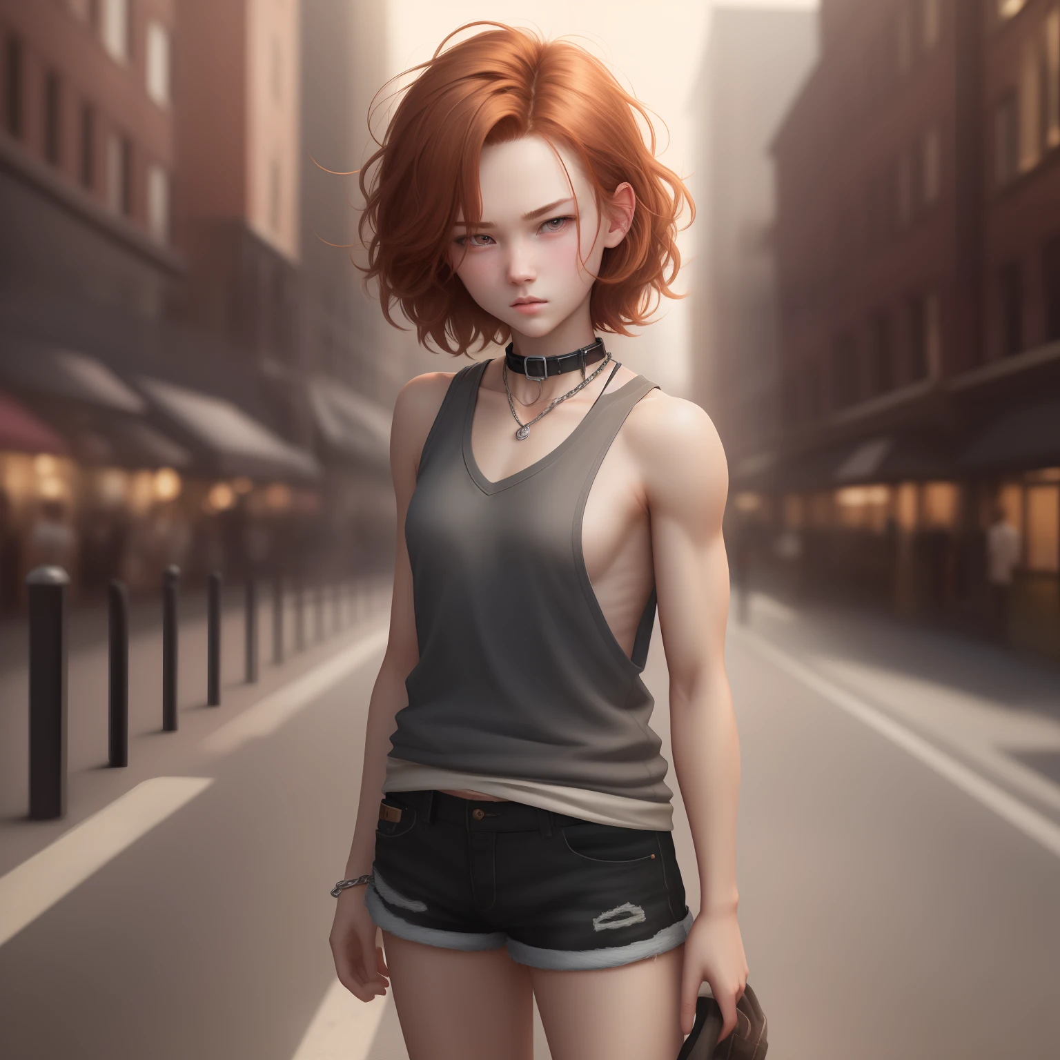 ((medium breast, tomboy girls, small head)), daylight, sunlight, (chiseled abs : 1.1), (perfect body : 1.1), (short wavy hair : 1.2) , auburn hair, collar, chain, full body shot, crowded street, wearing black tanktop, jeans jacket, ((shorts)), (extremely detailed CG 8k wallpaper), (an extremely delicate and beautiful), (masterpiece), (best quality:1.0), (ultra highres:1.0),  beautiful lighting ,perfect lightning, realistic shadows, [highres], detailed skin, ultra-detailed