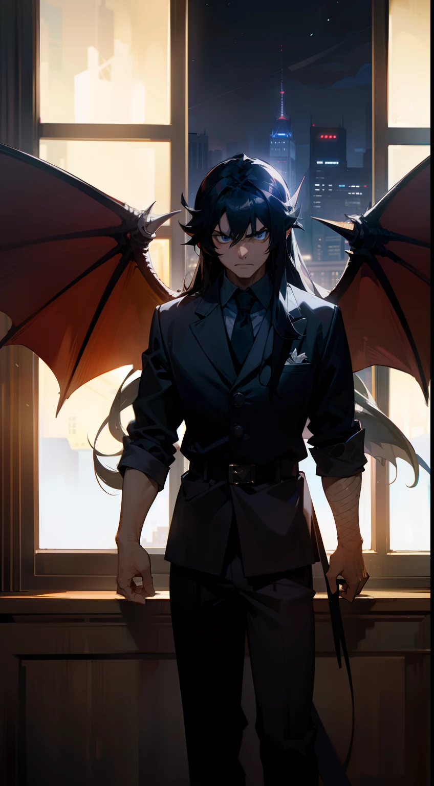 1man,solo,40s,serious face,teacher outfit, dark black hair,long hair, dragon wings,blue eyes,standing in front of a window, night city