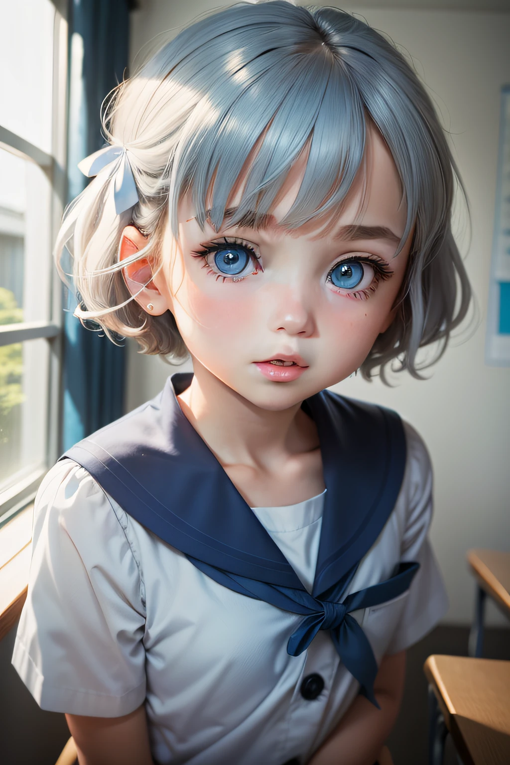 Blue and light blue sailor suit、Light blue medium short hair、Katyusha with a white ribbon、Blue and light blue eyes、White collar、 illuminated by light in classroom