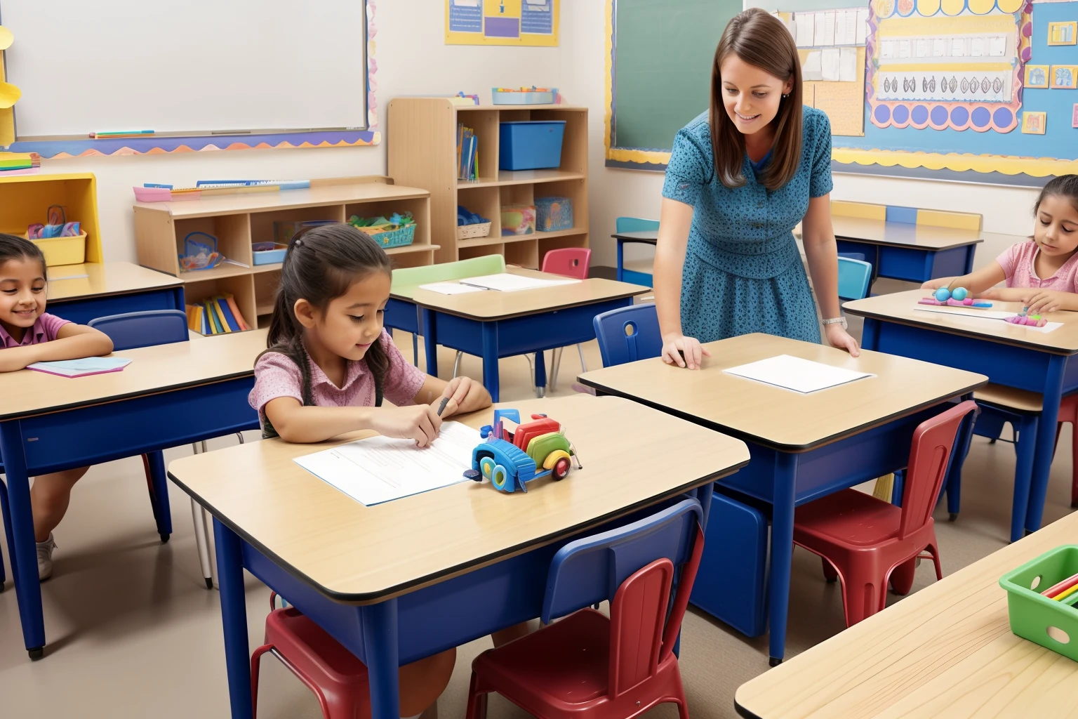 A teacher with four-year childrean as her students, desks, little chairs and tables, toys, colourful, whimsical, funny, highly detailed,