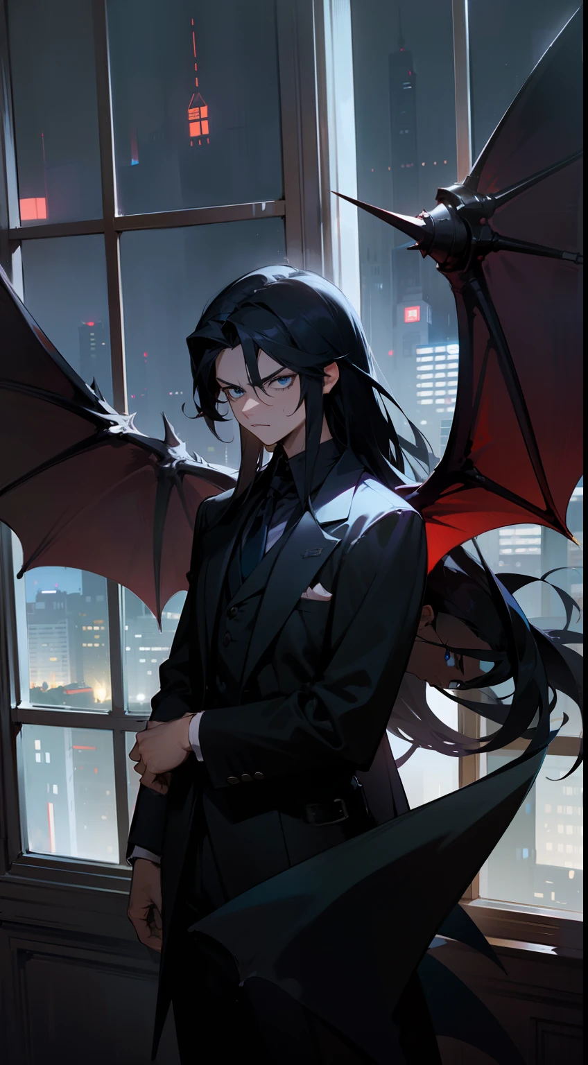 1man,solo,40s,serious face,teacher outfit, dark black hair,long hair,black dragon wings,blue eyes,standing in front of a window, night city