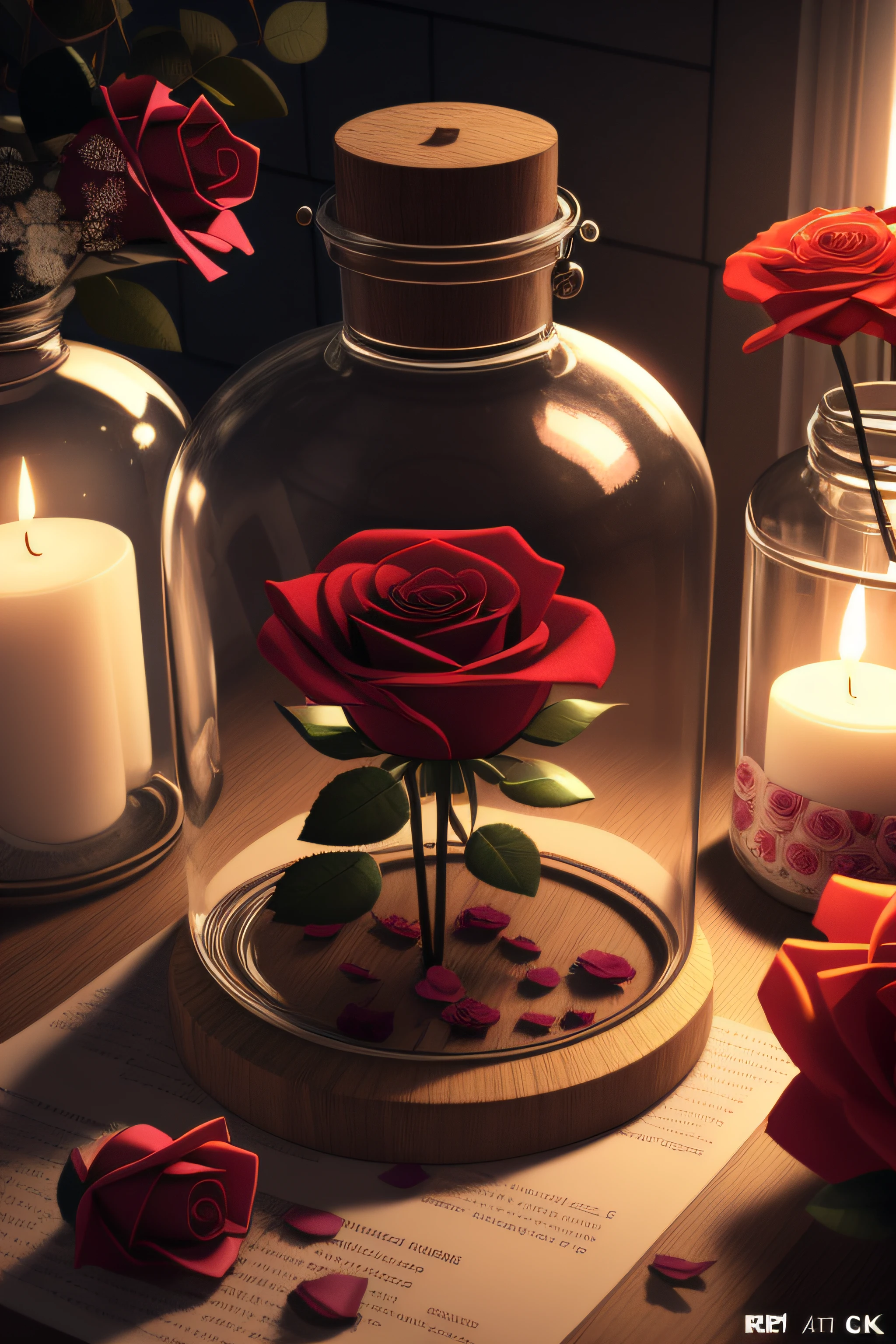 There are two glass jars with flowers and candles on a table, Motor irreal ; romantic theme, roses in cinematic light, 8 k cg render, 8k arte detalhada de alta qualidade, high quality 3d render, high quality 3d render, Arte Digital 4K Realista, Arte Digital 4K Realista, very realistic render, hyper realistic detailed rendering, highly detailed render