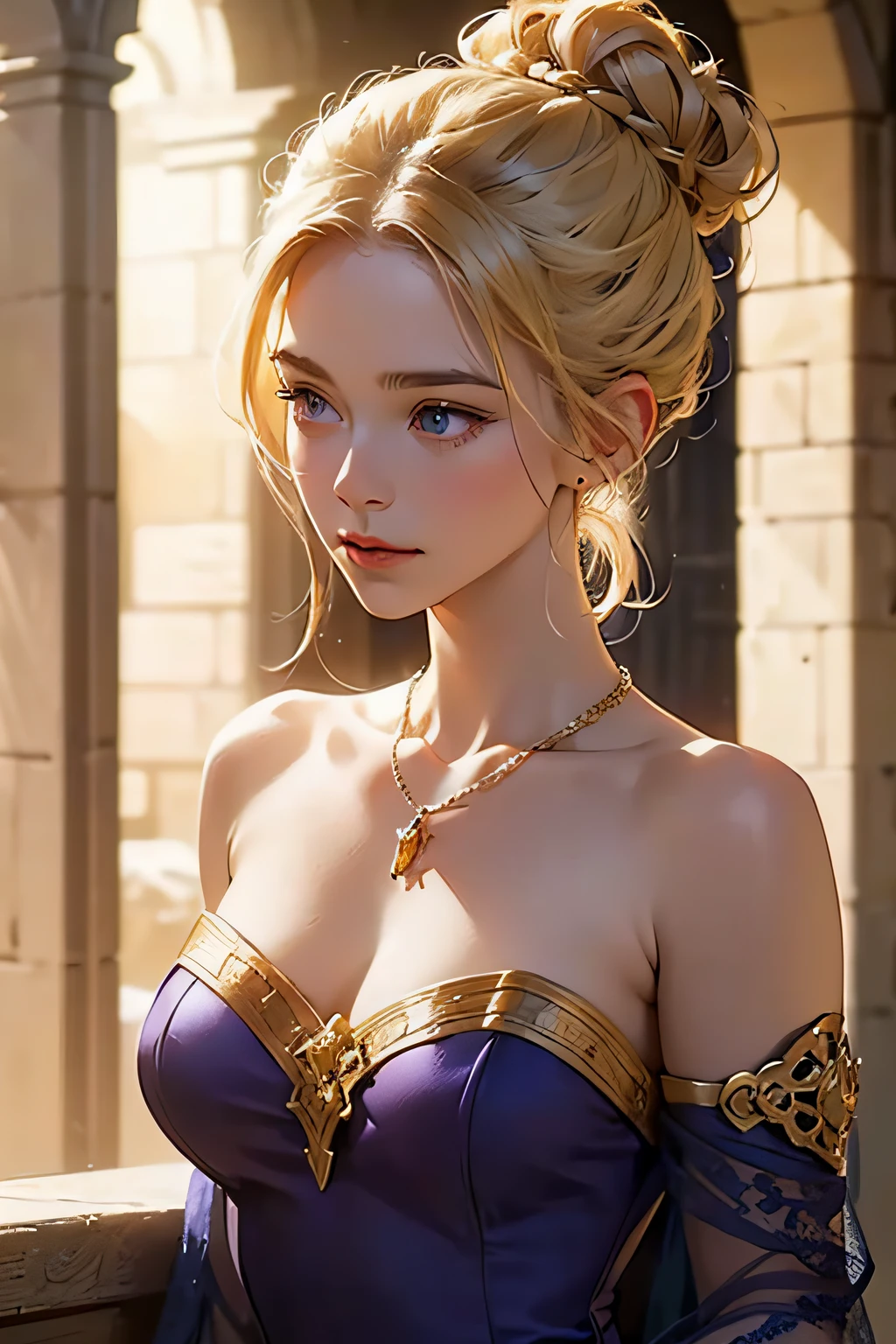 A sultry blonde bombshell, with luscious locks and subtle blond tips, sashays shamelessly across the dimly lit bar. Shallow depth of field and Chiaroscuro Lighting Style create a dramatic atmosphere, partially covering her in shadow. The crowd blends into the background as she strikes a provocative pose, bathed in a warm glow, (extremely soft breasts, breasts apart), Lens flare: 0.4, Cinematic Bokeh: 1.3,Expressiveh,concept art,dark theme,Painstaking Attention To Details