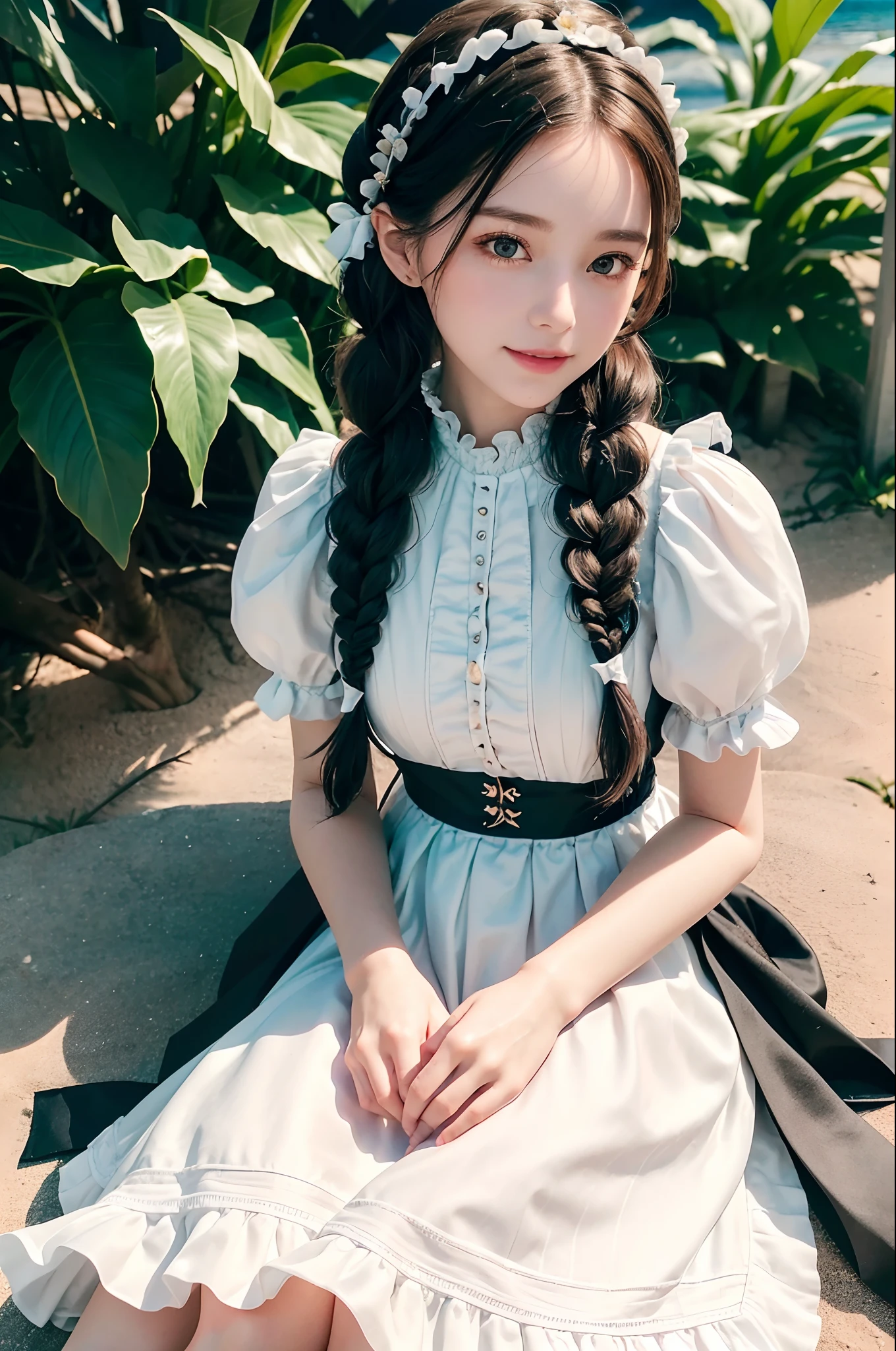 best quality, ultra hi res, photoreaslistic, a photography of a beautiful woman, 30yo teen age, detailed face, black Messy fishtail braid, (detailed porcelain doll,delicate clothes with a lot of frills and ribbons), Beach, (face close up), seductive look, looking at viewer, summer dress, sitting on the ground, happy smile