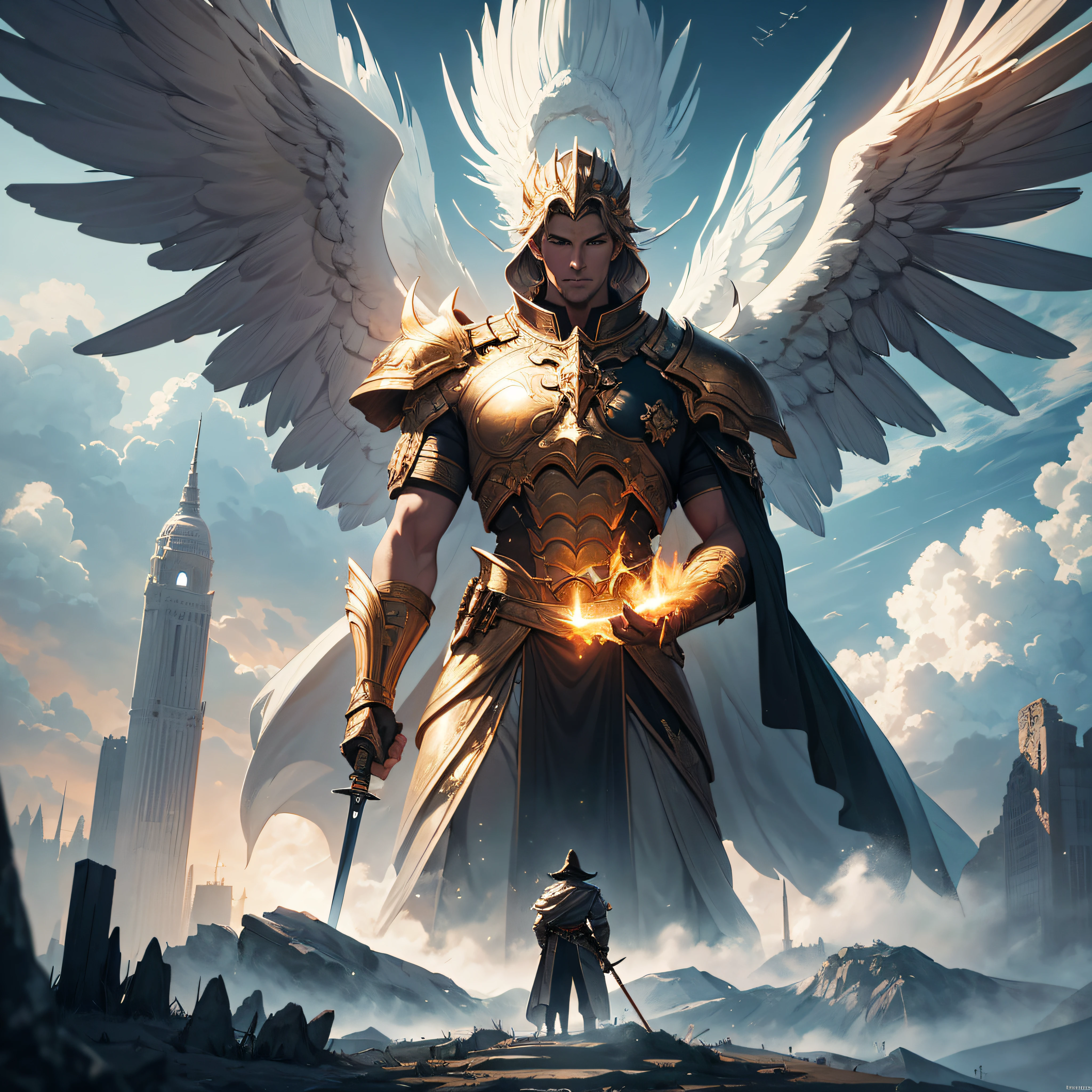 (work of art), (best quality: 1.3), An epic painting of a man on a hill looking at a powerful giant angel with a sword about to destroy a city, make the painting highly detailed, utilize volumetric and cinematic lighting, use a highly large scale and a super 8k resolution