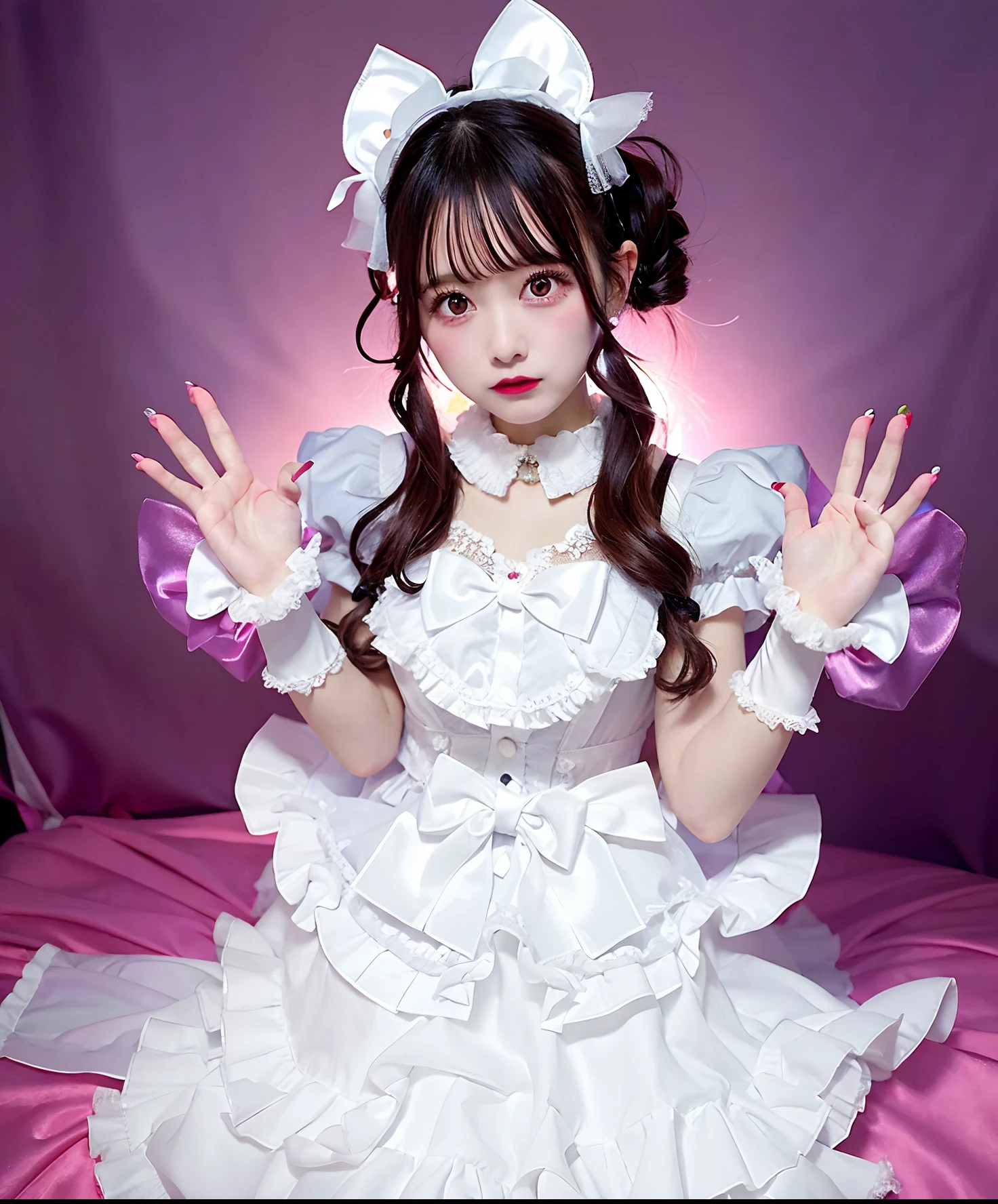 Woman in white satin dress posing for photo, angelic pretty, Belle Delphine, fairycore, kawaii decora rainbowcore, portrait of the magical Lolita girl, Lolita style, y 2 k cutecore clowncore, cutecore, Lolita Fashion, by Ayami Kojima, kinomoto sakura, Satin costume with frills, Lori, juri misaki