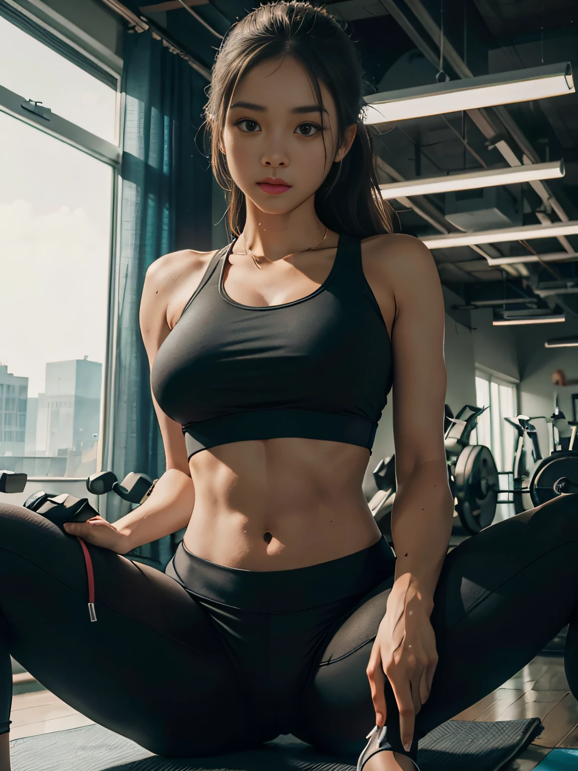 （best qualtiy）Meticulous sportswear girl，Sit on the floor of the gym，spread their legs，Camel toes，Wear delicate black skinny short yoga pants and a sports bra，Protruding small abdominal muscles，And adds a cinematic touch to the scenes in the super one，huge tit，Film lighting completes the overall atmosphere