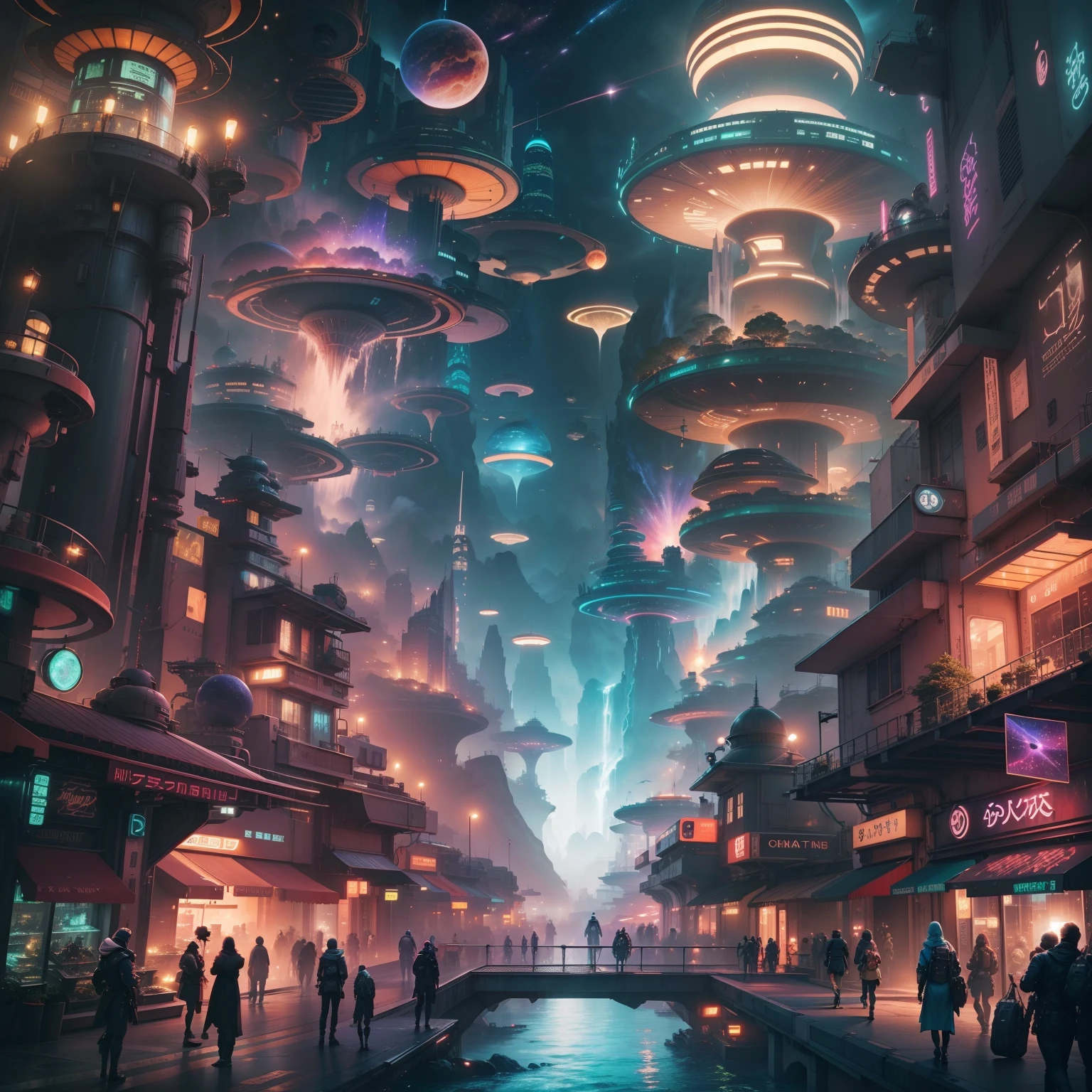 Space City、Futuristic cities、alien、floating in the universe、cyberpunked、The streets are lined with skyscrapers、nighttime scene、A space station、Giant waterfall、top-quality、Romantic city、a paradise、paradis、masterpiece、24century、dream、utopian、planet earth、World of Dreams、Fantasia、𝓡𝓸𝓶𝓪𝓷𝓽𝓲𝓬、Beautiful city