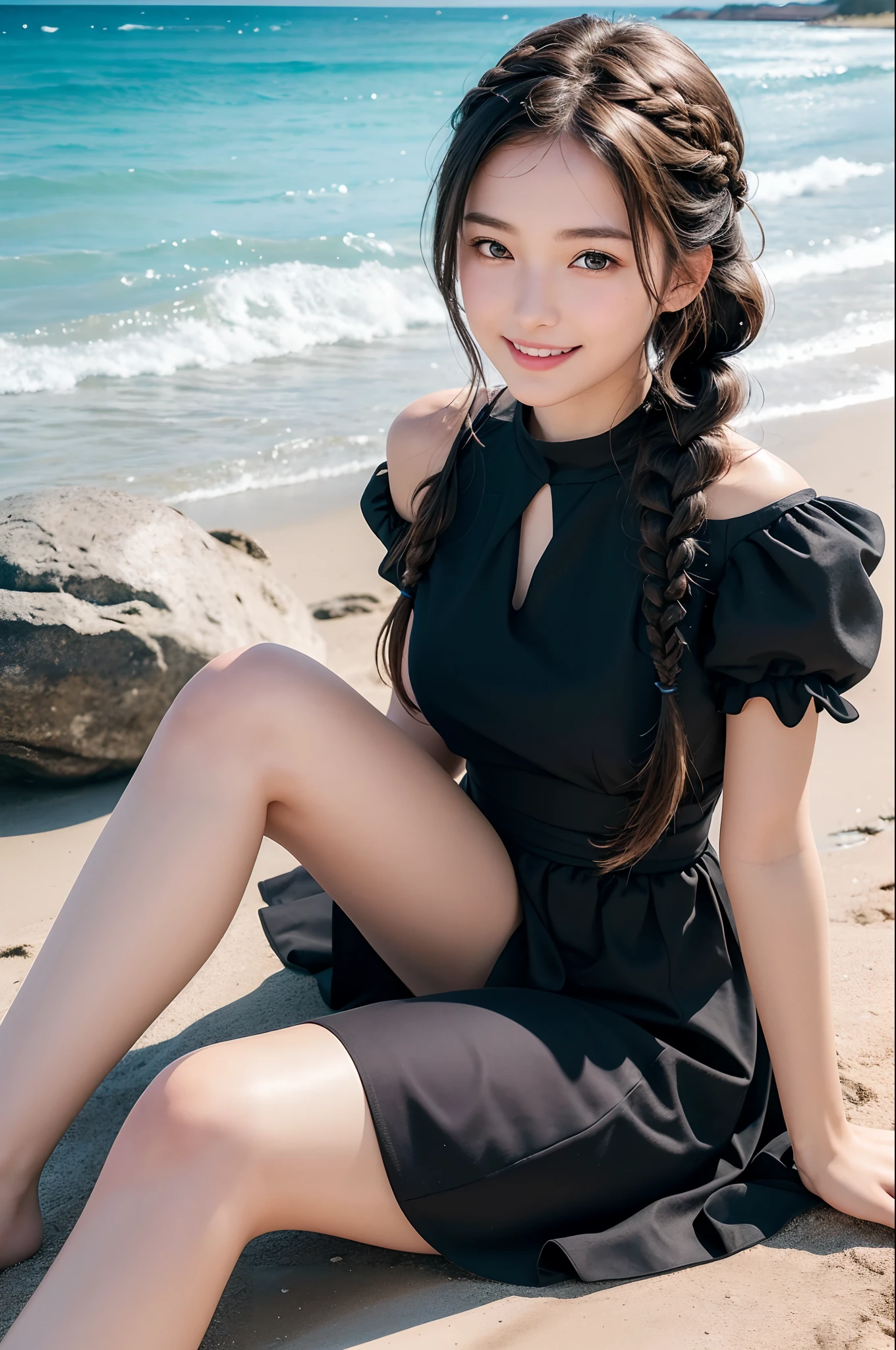 best quality, ultra hi res, photoreaslistic, a photography of a beautiful woman, 30yo age, detailed face, black Messy fishtail braid, Beach, (face close up), seductive look, looking at viewer, summer dress, sitting on the ground, happy smile