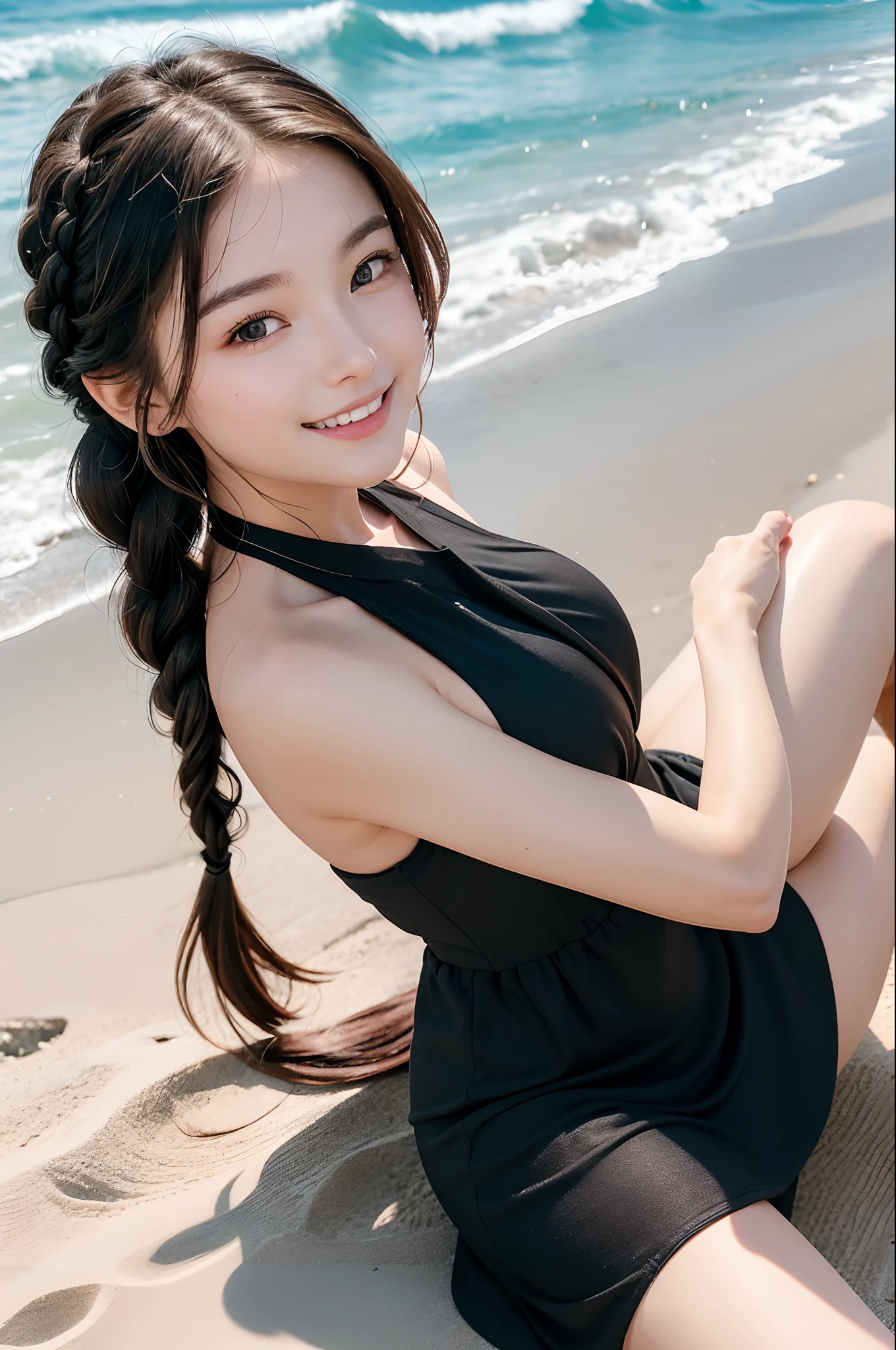 best quality, ultra hi res, photoreaslistic, a photography of a beautiful woman, 30yo teen age, detailed face, black Messy fishtail braid, Beach, (face close up), seductive look, looking at viewer, summer dress, sitting on the ground, happy smile