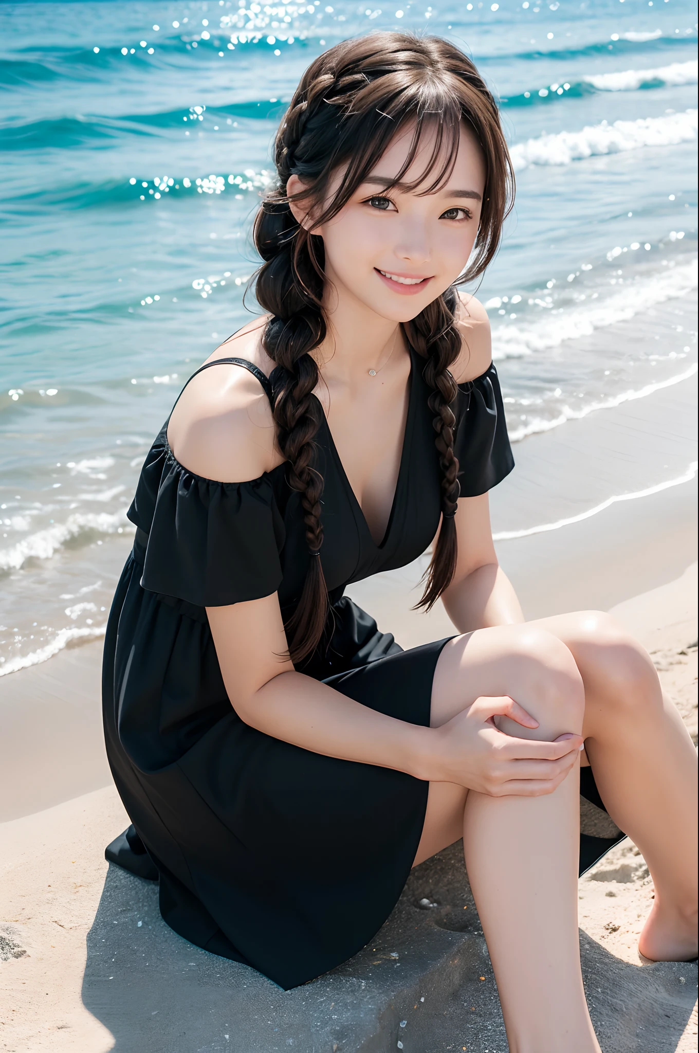 best quality, ultra hi res, photoreaslistic, a photography of a beautiful woman, 30yo teen age, detailed face, black Messy fishtail braid, Beach, (face close up), seductive look, looking at viewer, summer dress, sitting on the ground, happy smile