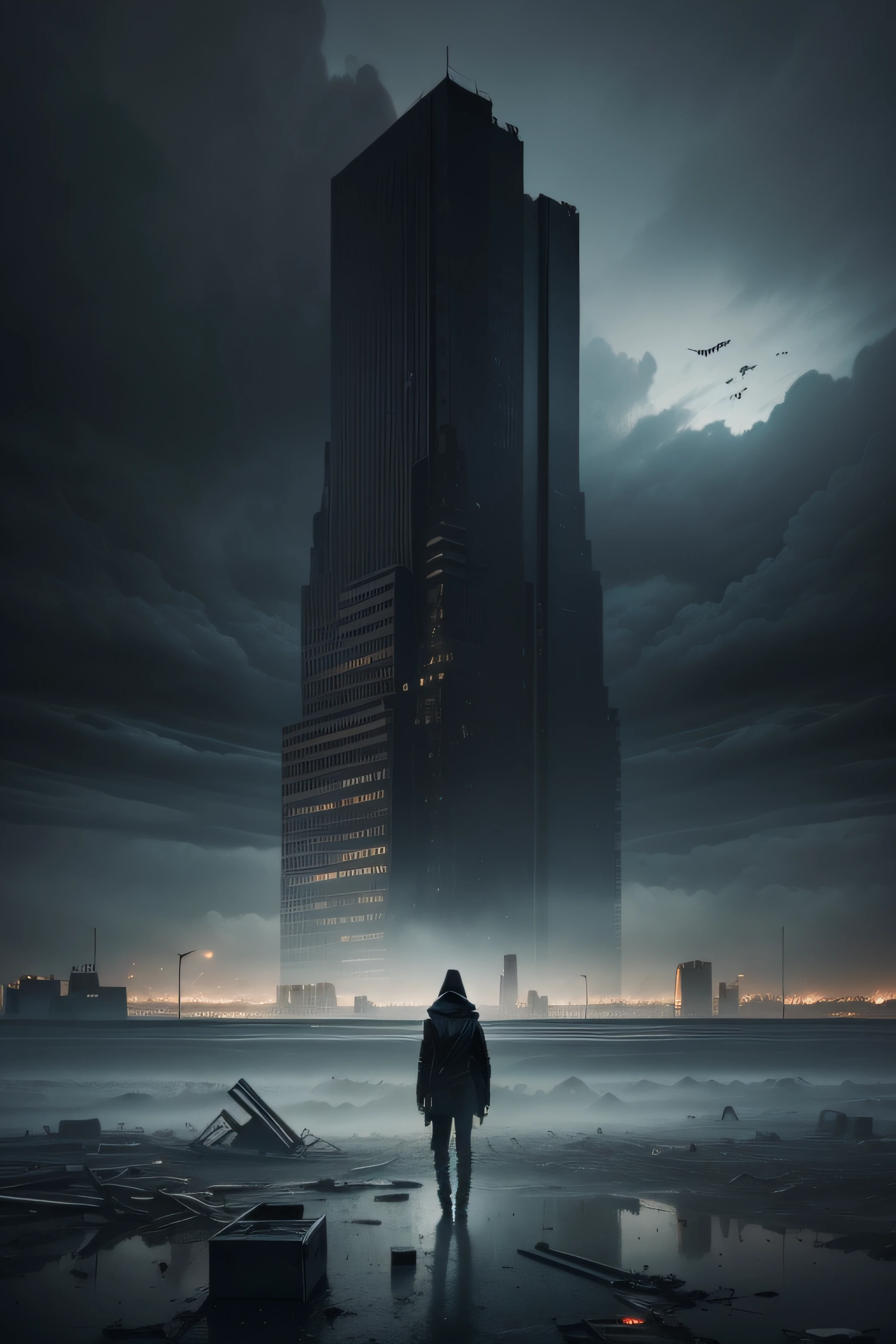 (best quality,4k,8k,highres,masterpiece:1.2),ultra-detailed,(realistic,photorealistic,photo-realistic:1.37),YouTube banner image,nihilistic philosophy,dark fiction,dramatic lighting,elegant typography,dystopian landscape,ominous clouds,abstract symbolism,bleak color palette,apocalyptic atmosphere,grim reaper,haunting face,expressive eyes,foreboding shadows,desolate cityscape,struggling figures in the background,subtle decay,imposing silhouette,thought-provoking composition,sublime darkness,existential questions,subversive elements,ambiguous narrative,provocative symbolism,surreal elements,attention-grabbing design,unsettling aura。