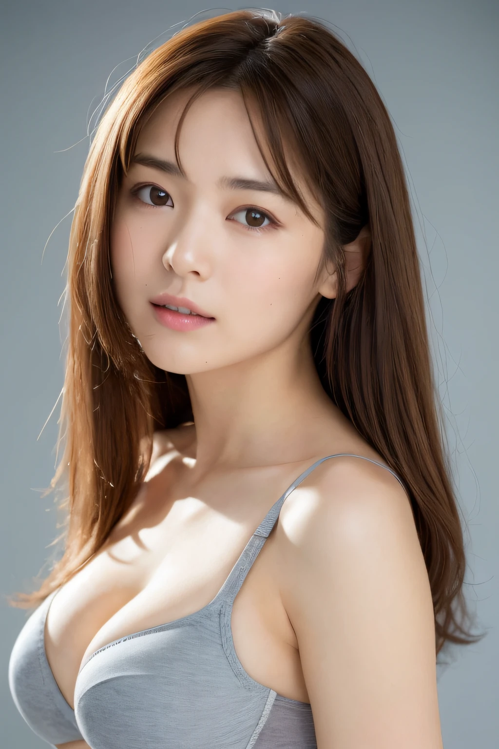 ((Bra white: 1.5)), Gravure Sexy Pose, Clear focus: 1.2, (masutepiece:1.3), (8K, Photorealistic, Raw photography, Best Quality:1.4), (1girl in), Beautiful face, Realistic face, (Detailed face), Beautiful hairstyle, (detailed hairs), Realistic eyes, (Detailed eyes), Beautiful details, Realistic skin, (Detailed skin), Beautiful skin, Attractive, Ultra high definition, A hyper-realistic, Very detailed, (Big breasts:0.5), Japanese beauty, (slim figure), Gentle, Brown hair, (Supermodel Figures), Cute young Japan girl, Cute young Japan girl, (with a simple gray background), Big breasts :1.2, Enhanced cleavage, bashful, Wide Shot, (Full body), Sportsbra