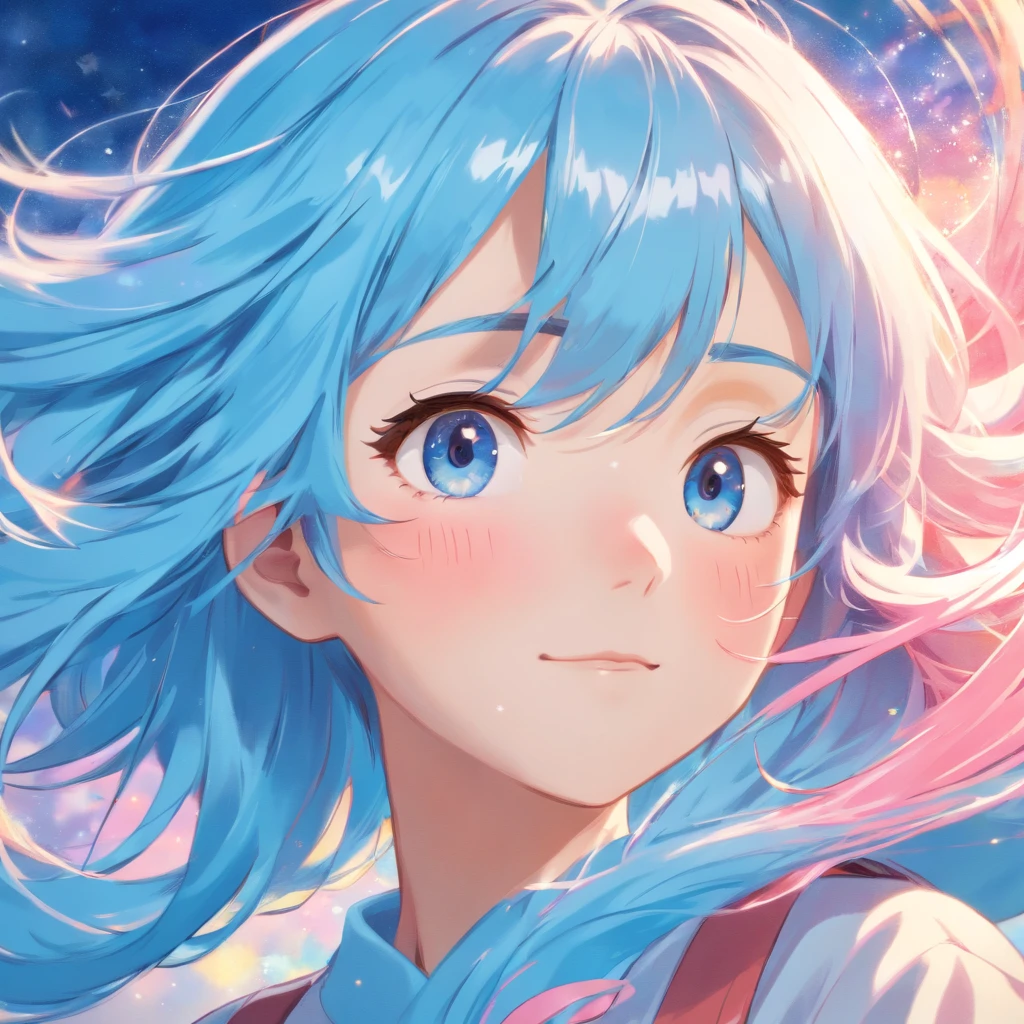Illustration of a woman's face、High-quality, detailed splash art、Splashes are flying、Gentle smile、hair is light blue and pink,、Hair in the wind、Contre-Jour、Woman and background in pastel colors with vivid pale tones、Luminous pendant、(masterpiece, ultra-detailliert, top-quality, hight resolution, extremely delicate and beautiful:1.3), dynamic ungle, (详细的脸),, RAW Photography, HDR, (hyper realisitic, realisitic, extremely delicate and beautiful:1.3), (lifelike face, Realistic hair:1.2), Digital SLR,