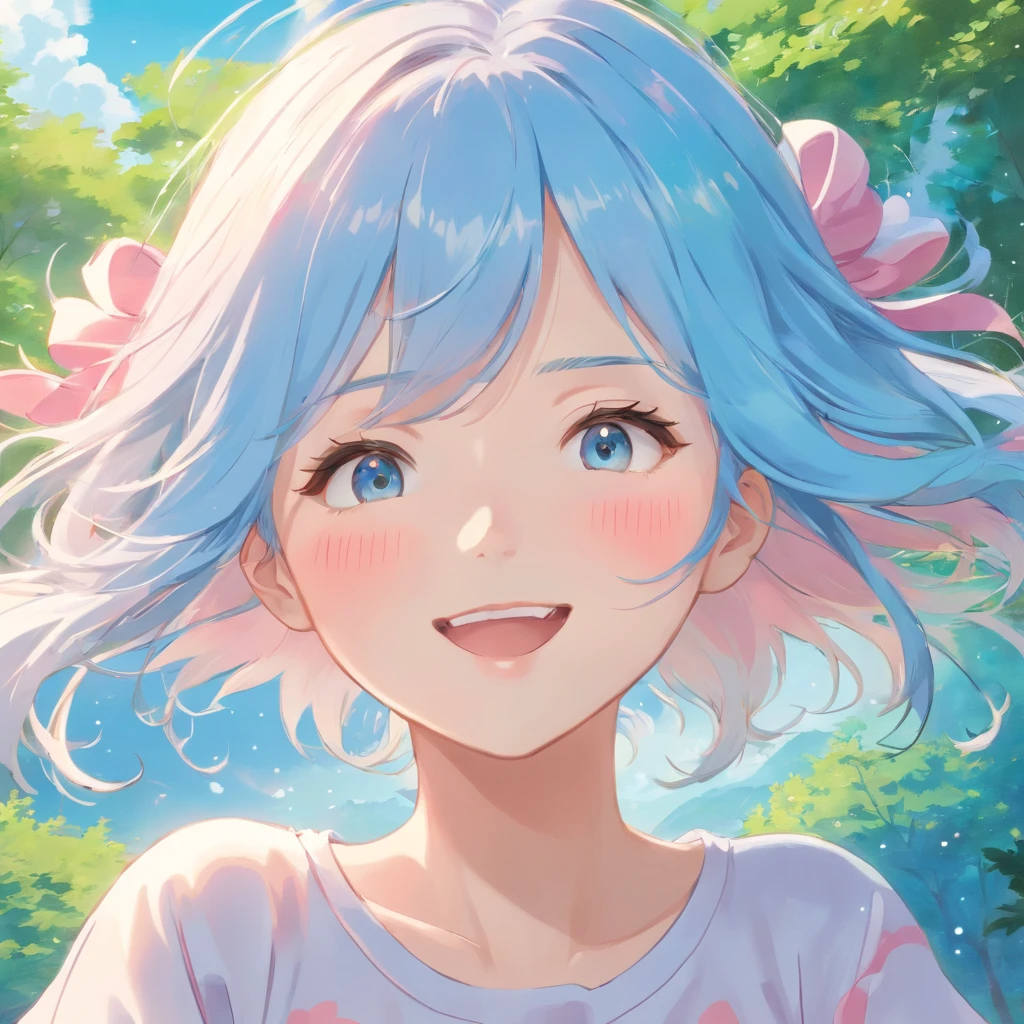 Illustration of a woman's face、High-quality, detailed splash art、Splashes are flying、Gentle smile、hair is light blue and pink,、Hair in the wind、Contre-Jour、Woman and background in pastel colors with vivid pale tones、Luminous pendant、(​masterpiece, ultra-detailliert, top-quality, hight resolution, extremely delicate and beautiful:1.3), dynamic ungle, (详细的脸),, RAW Photography, HDR, (hyper realisitic, realisitic, extremely delicate and beautiful:1.3), (lifelike face, Realistic hair:1.2), Digital SLR,
