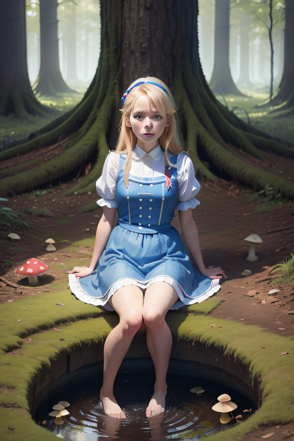 Alice in Wonderland Blonde, vestido azul de empregada, open forest surface red mushrooms on the ground, right foot in a hole that leads into the earth, surprised facial expression, realistic human traits reflections of daylight