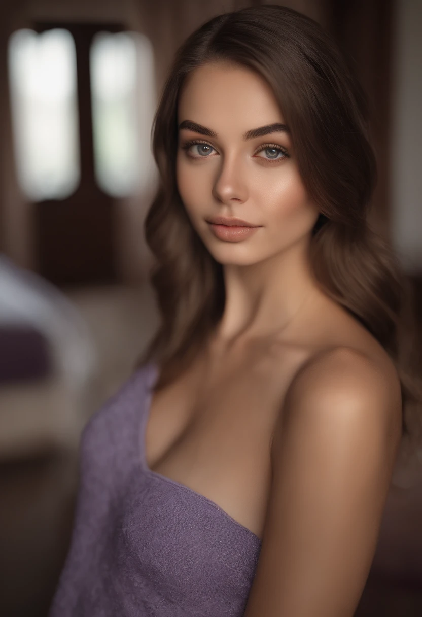 arafed woman fully naked, sexy girl with brown eyes, ultra realistic, meticulously detailed, portrait sophie mudd, brown hair and large eyes, selfie of a young woman, bedroom eyes, violet myers, without makeup, natural makeup, looking directly at the camera, face with artgram, subtle makeup, stunning full body shot standing in front of camera with naughty smile, medium to large size bust