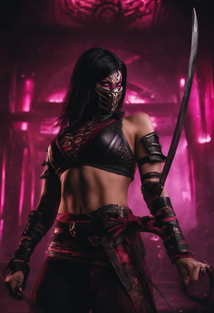 yautja, dark green skin, glowing purple eyes, holding a katana sword, inspired samurai helmet with red markings, crouching in the darkness, (best quality,4k,8k,highres,masterpiece:1.2),ultra-detailed,(realistic,photorealistic,photo-realistic:1.37),concept art,cinematic lighting,dramatic pose,hyperdetailed,intricate details,dramatic shadows,powerful,intense,menacing