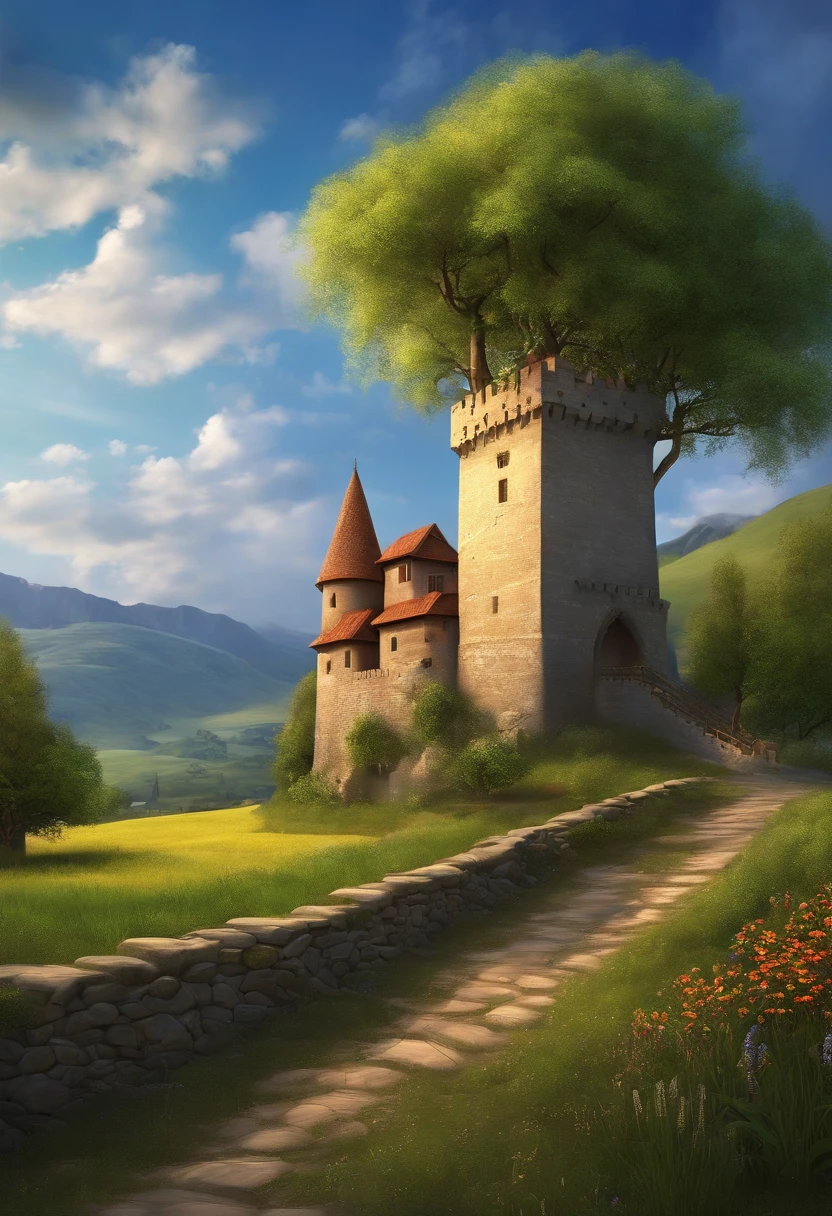 (((best quality))), high saturation, clear, reasonable structure, cartoon style, architecture, bridge, construction, castle, chimney, cloud, cloudy_sky, day, fantasy, door, grass, house, mountain, no_humans, outdoor, river, landscape, sky, sunset, tree, window, wheat field, wheat, jk maiden, smile, cute, blue skirt, white top