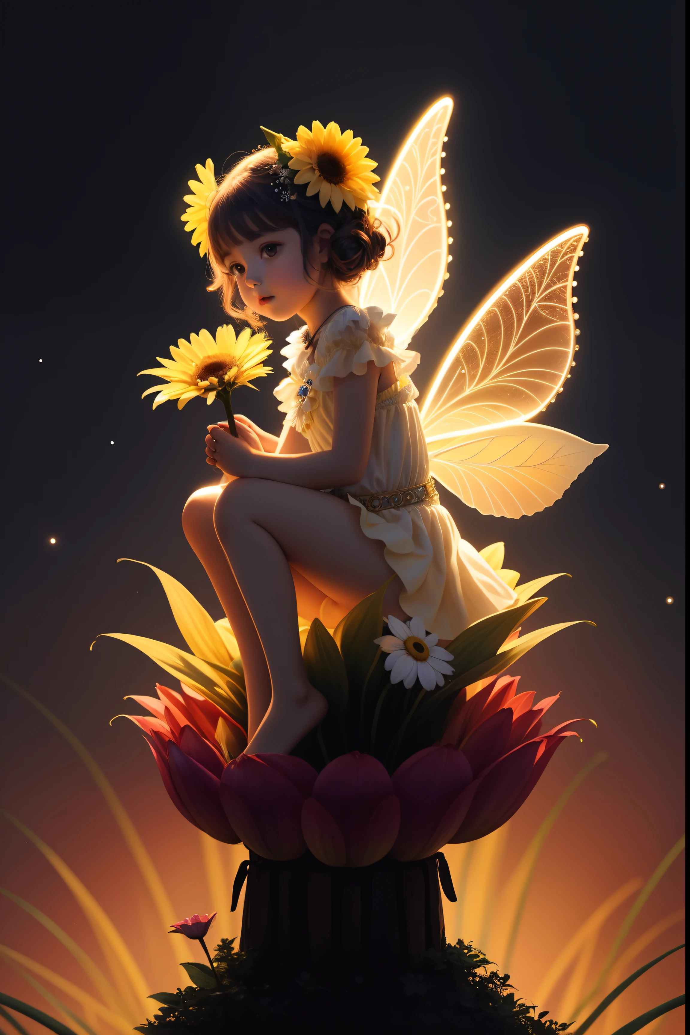 There is a girl sitting on a flower with fairy wings, menina anime girassol bonita, por Yang J, painting digital adorable, Estudo de uma fada flor, bela arte digital, arte digital detalhada bonito, fanart melhor artstation, fadas cgsociety, fada bonita, space flower fairy, Retrato de uma fada, 8k arte detalhada de alta qualidade, Retrato da fada