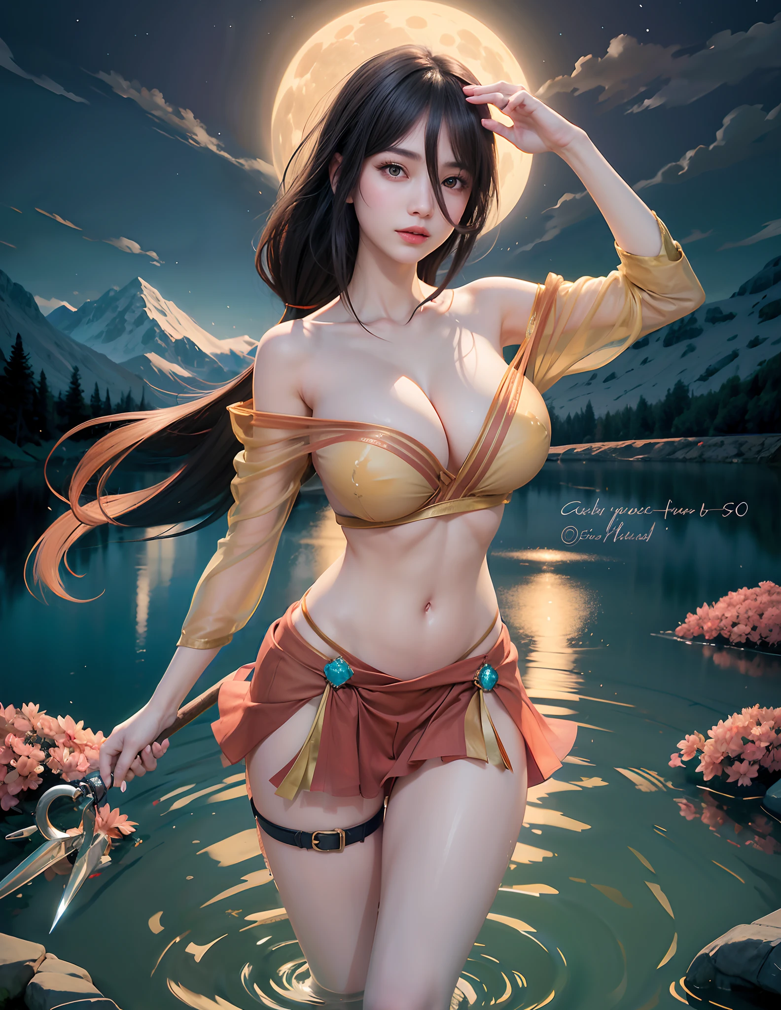 masutepiece, (Best Quality:1.4), Realistic, extremely detailed CG unified 8k wallpaper, ighly detailed, High-definition raw color photos, professional photograpy, Realistic portrait, Cinematic Light, Beautiful detailed, 1girl in, (Naked:1.5), Beautiful big breasts, breasts details, Exposed breasts, (cleavage of the breast:1.2), (Fine face:1.2), Close up of a girl in Beautiful clothes with wide open front, Bare shoulders, (transparent Beautiful clothing with a wide open chest:1.4), open chest wide, Undress、No bra, , (cameltoe details), Outdoors, high intricate detailed, float, cum on, Sense of truth, beautiful landscape forest, castle, sexy lighting,