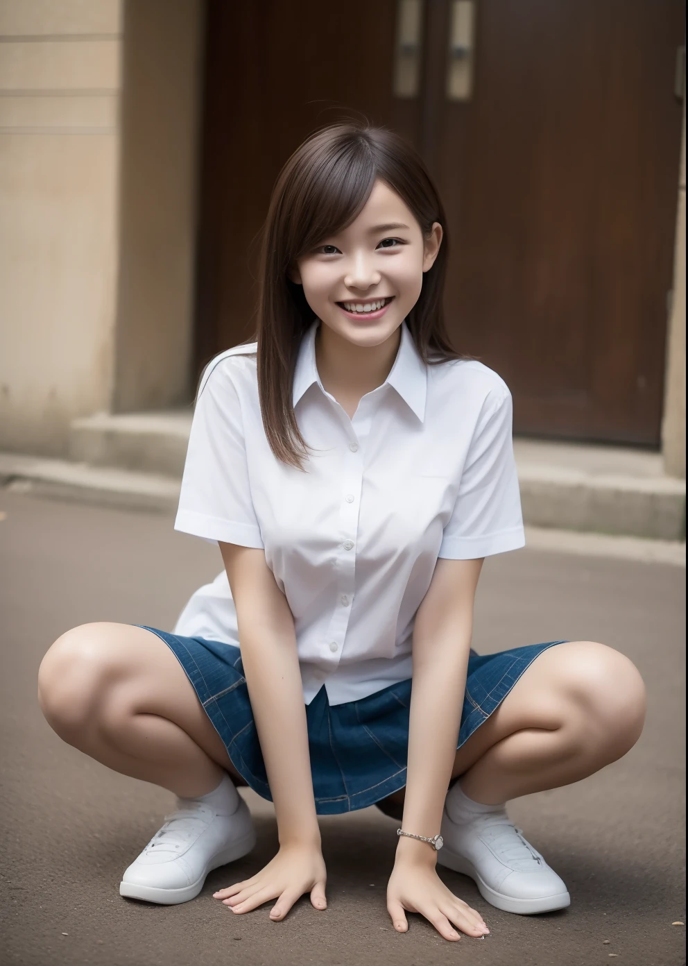 1womanl　Hands on the ground　tits out　Chikubi　Big shirt　hi-school girl　a miniskirt　　a smile　A slender